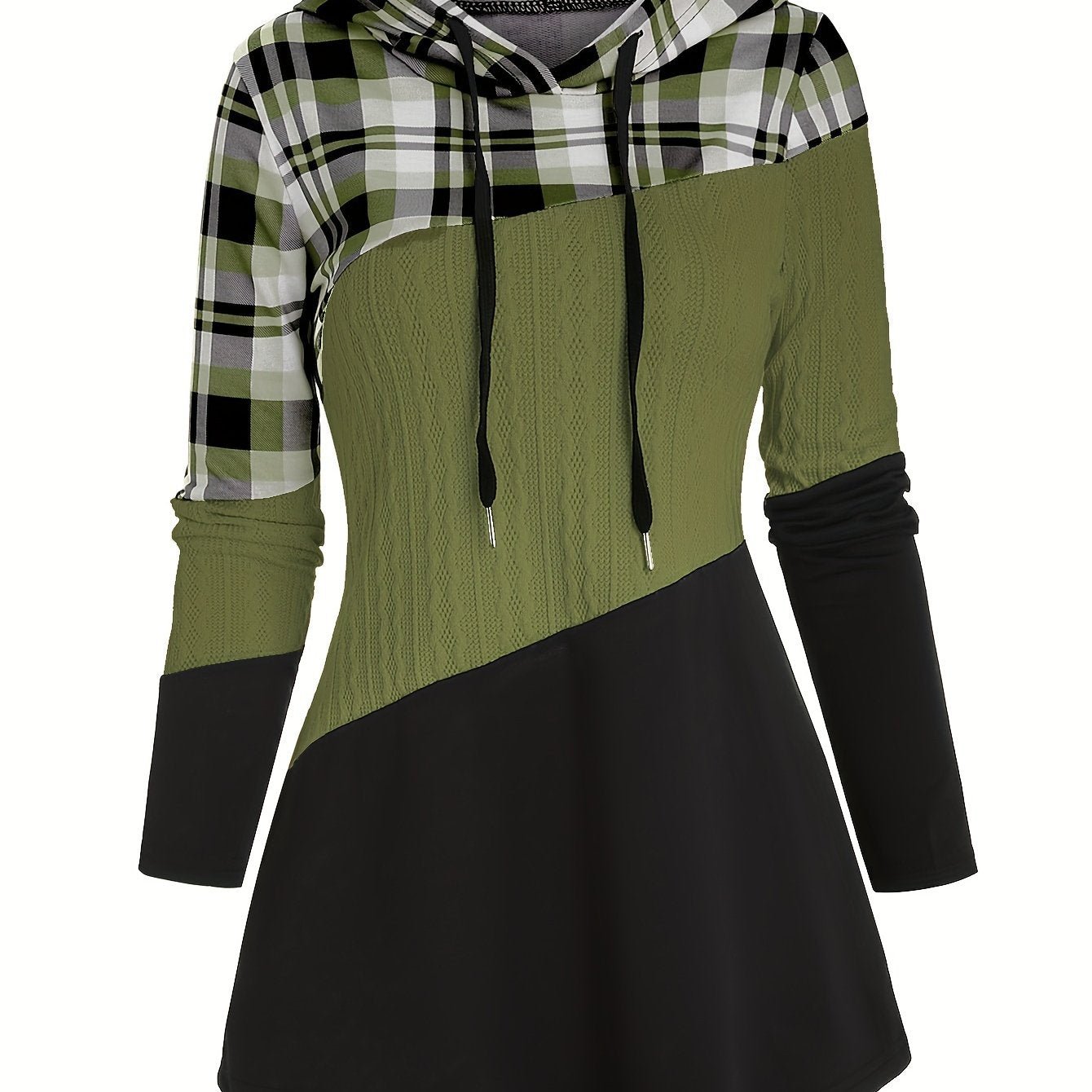 Women's Plaid Patchwork Hooded Long Sleeve Drawstring Pullover Casual Fashion Hoodie - veyora