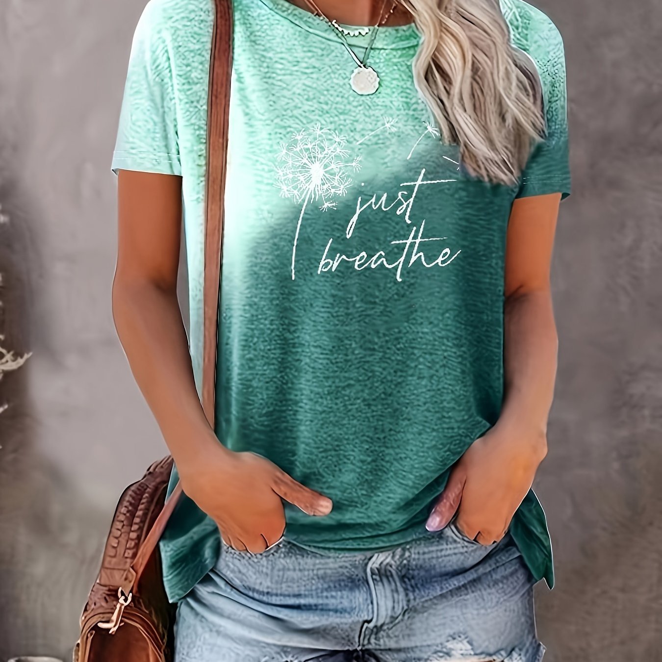 Just Breathe & Dandelion Print T-shirt, Casual Crew Neck Short Sleeve Top, Women's Clothing - veyora