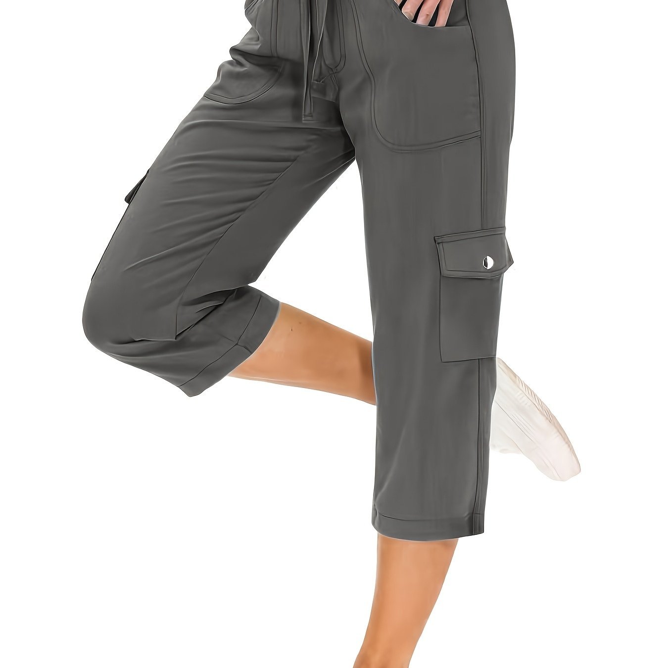 2024 Summer Women's European and American Street Style Workwear Capri Pants with Pockets and Elastic Drawstring Waist, Fashionable and Trendy Casual Pants - veyora