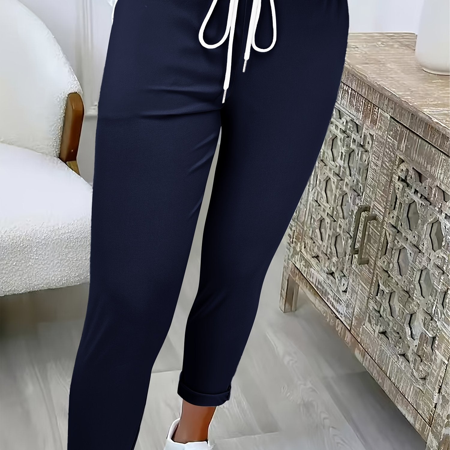 Women's Solid Color Casual Wide - Pants with Elastic Drawstring Waist - Trousers Suitable for, Casual Attire & Semi - Formal Attire - Machine Washable Solid Color Pants - veyora