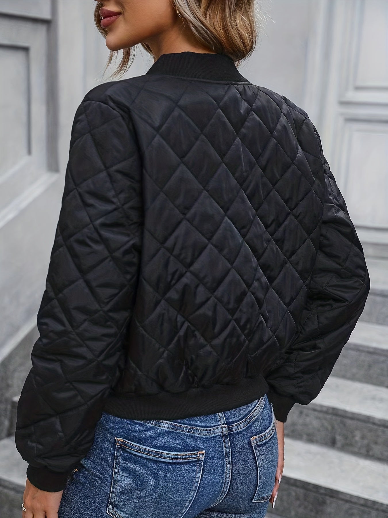 Autumn New Stand Neck Top Plaid Slim Fit Baseball Coat Lightweight Coat Black - veyora
