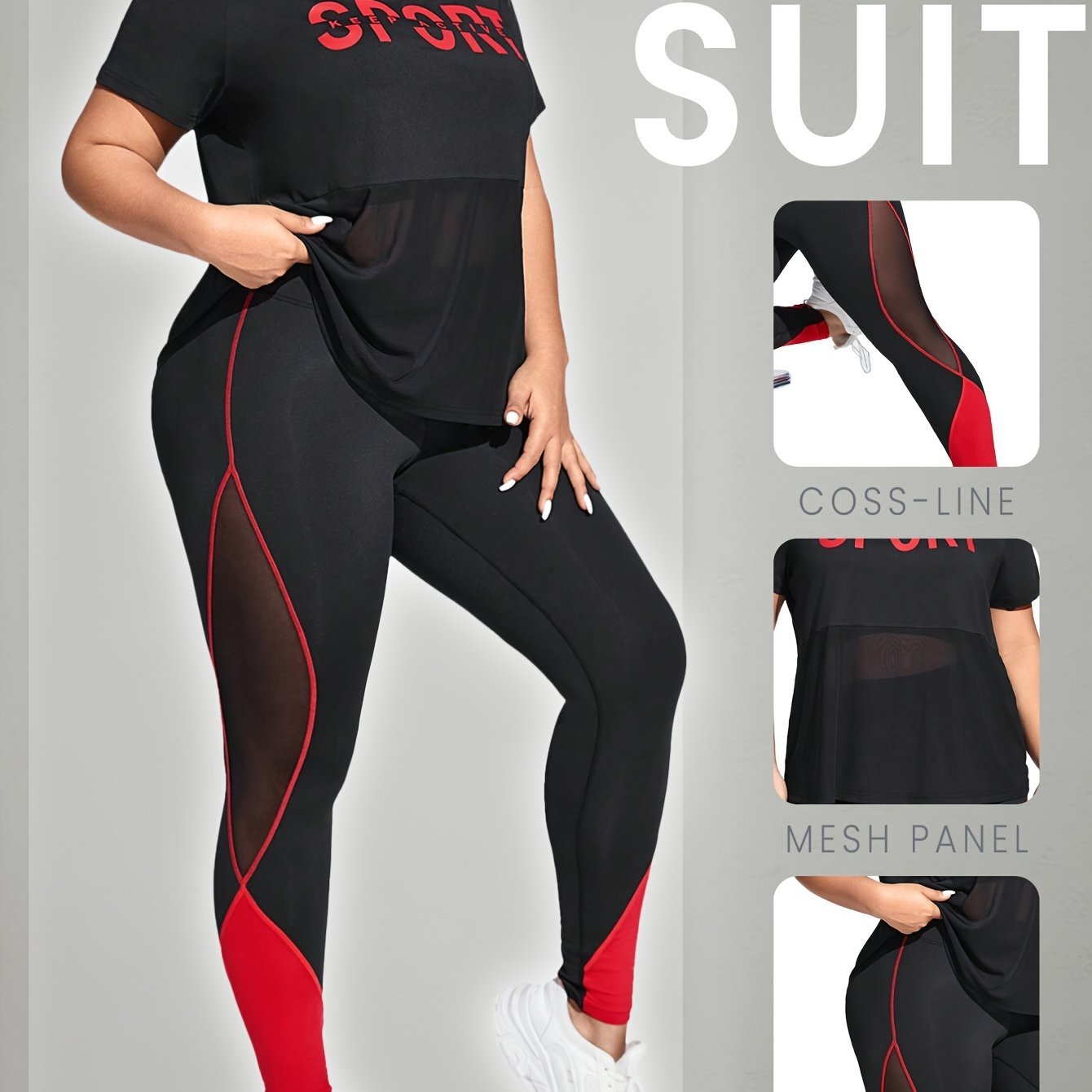 [Fashionable Contrast Design] Plus Size Women's Sporty Mesh Color - Block Set - High - Stretch Breathable Top & Leggings, Casual Yoga Street Outdoor Running, Crew Neck - veyora
