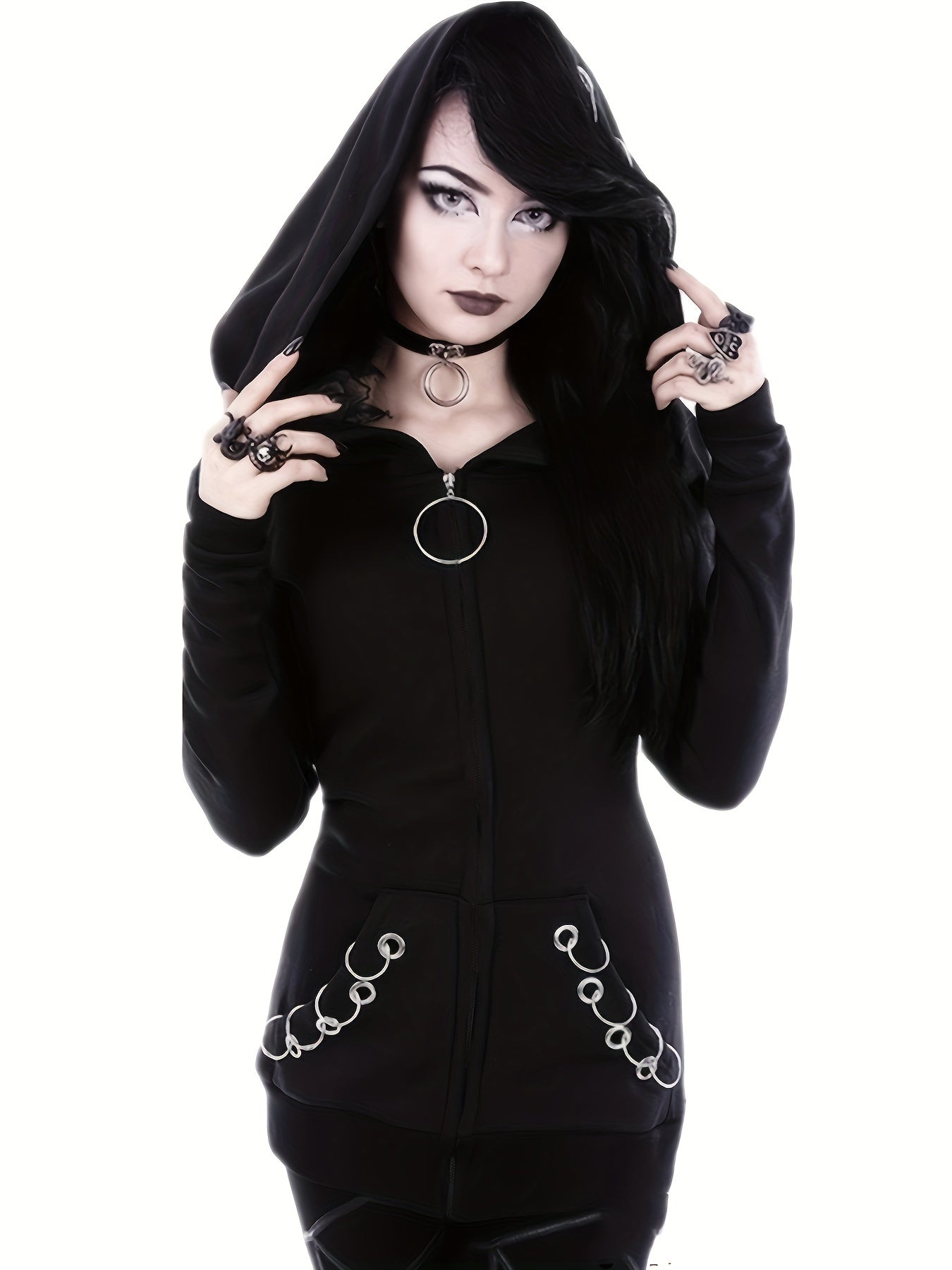 Solid Color Hooded Sweater with Ring Accent - Casual Round Neck Pullover, Medium Elasticity All - Season Sweaters for Layering, Machine Washable Sweaters for or Weekend Outfits (Compatible with Dresses) - veyora