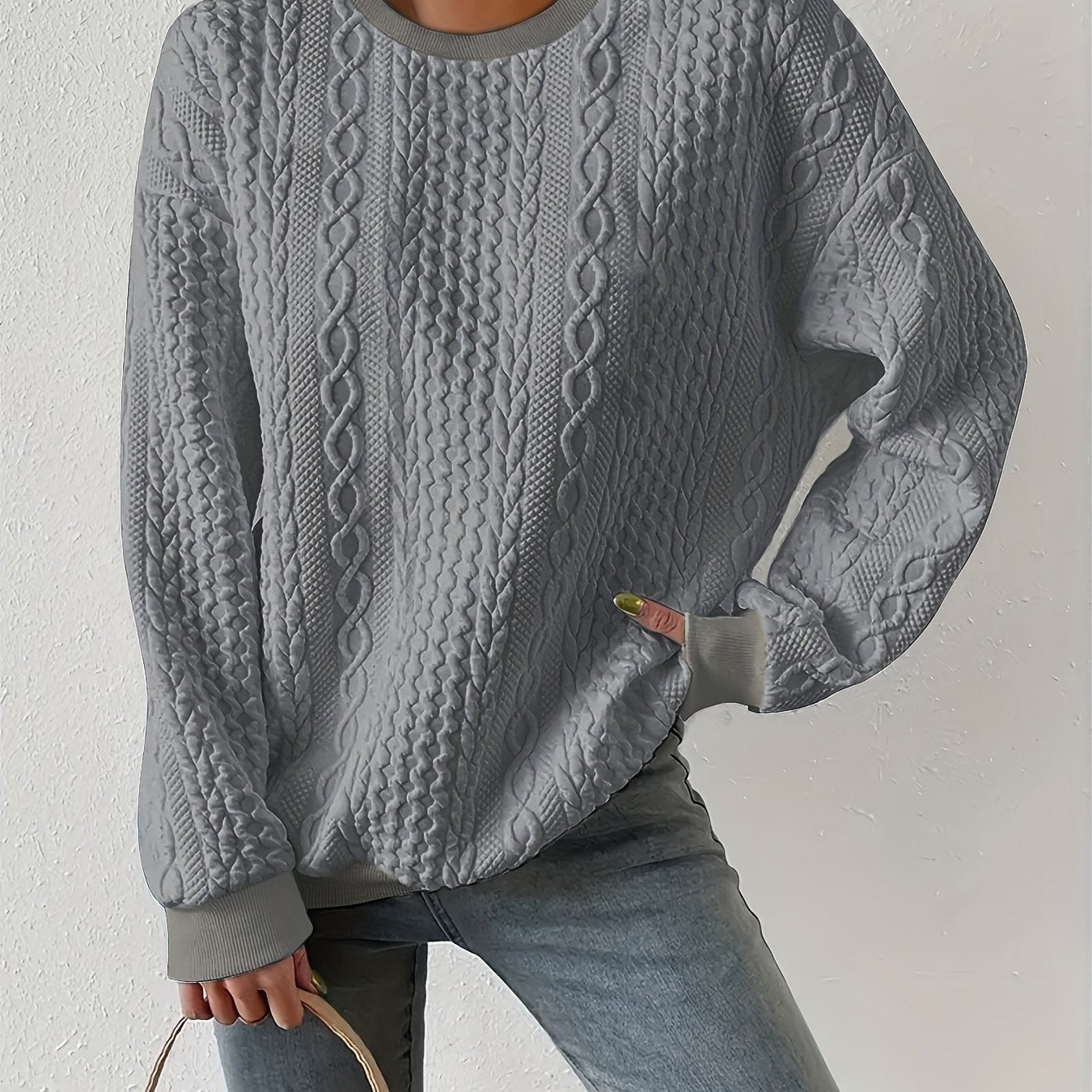 Women's Casual Textured Round Neck Pullover Sweatshirt - Loose Fit Raglan Sleeves, Medium Stretch, Machine Washable, All - Season Comfort, Cute Sweatshirts - veyora