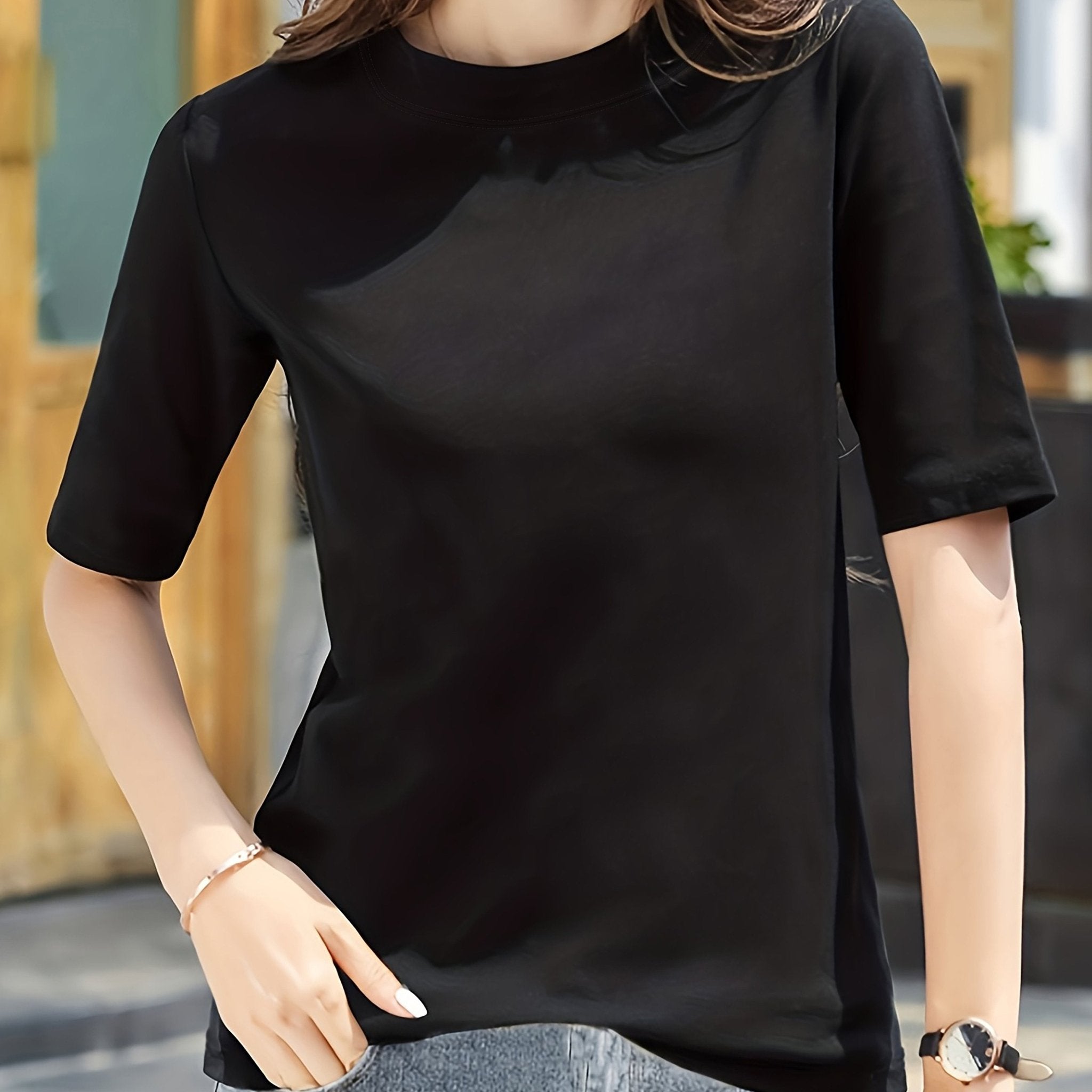 Women'S Elegant Solid Color T-Shirt - Soft Pink Crew Neck Short Sleeve Top, Perfect for Summer Fashion, Everyday Tshirt | Versatile Top | Comfortable Fit - veyora
