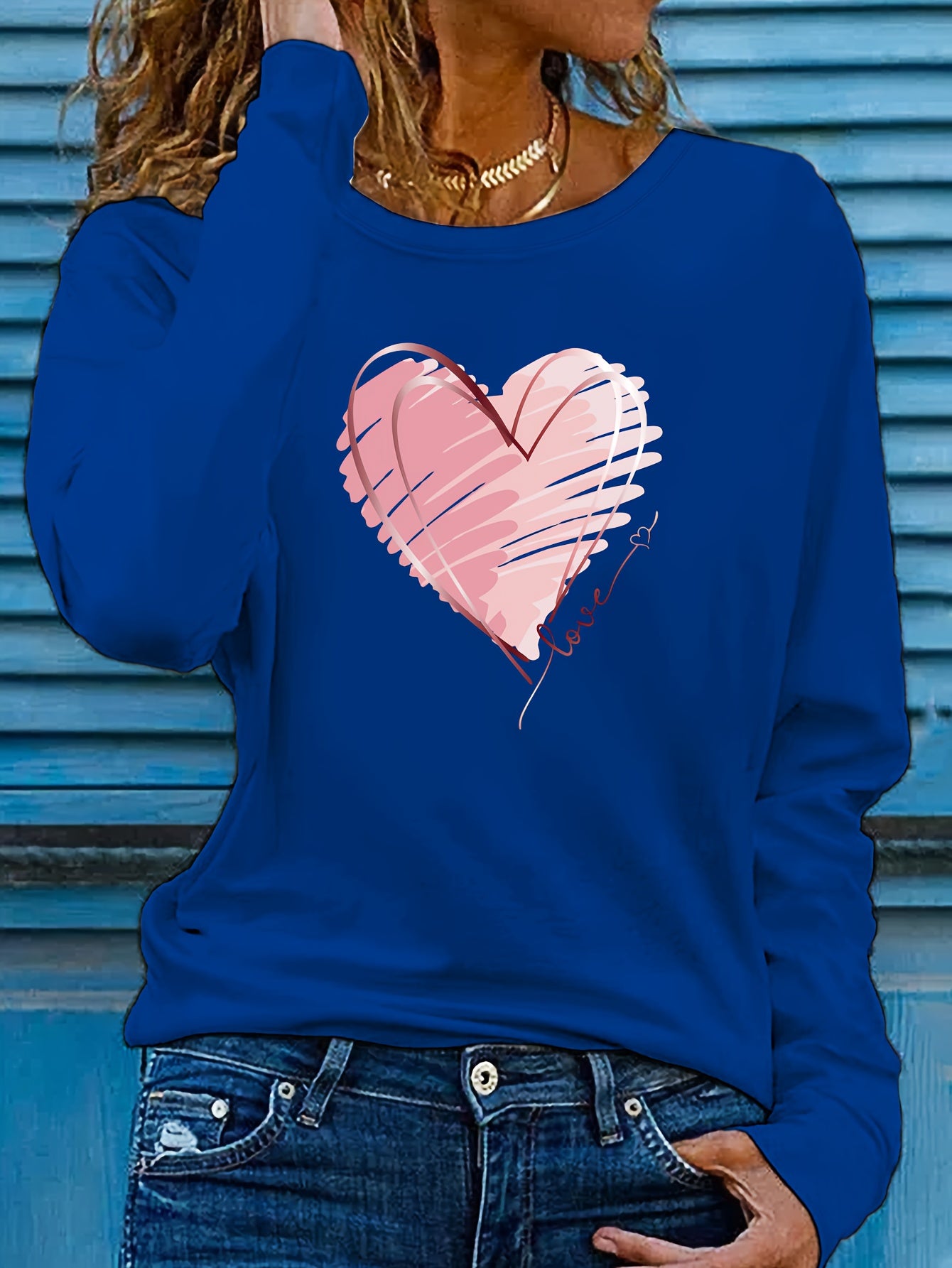Heart & Love Print Crew Neck T-shirt, Casual Long Sleeve Top For Spring & Fall, Women's Clothing - veyora
