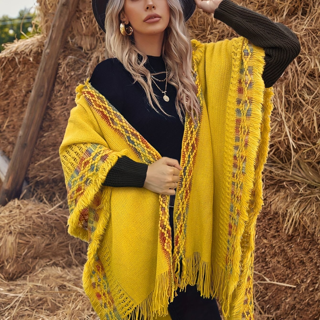 Elegant Fabric Comfortable High - Elastic Soft Hooded Yellow Fringe Cape for Chinese New Year - veyora
