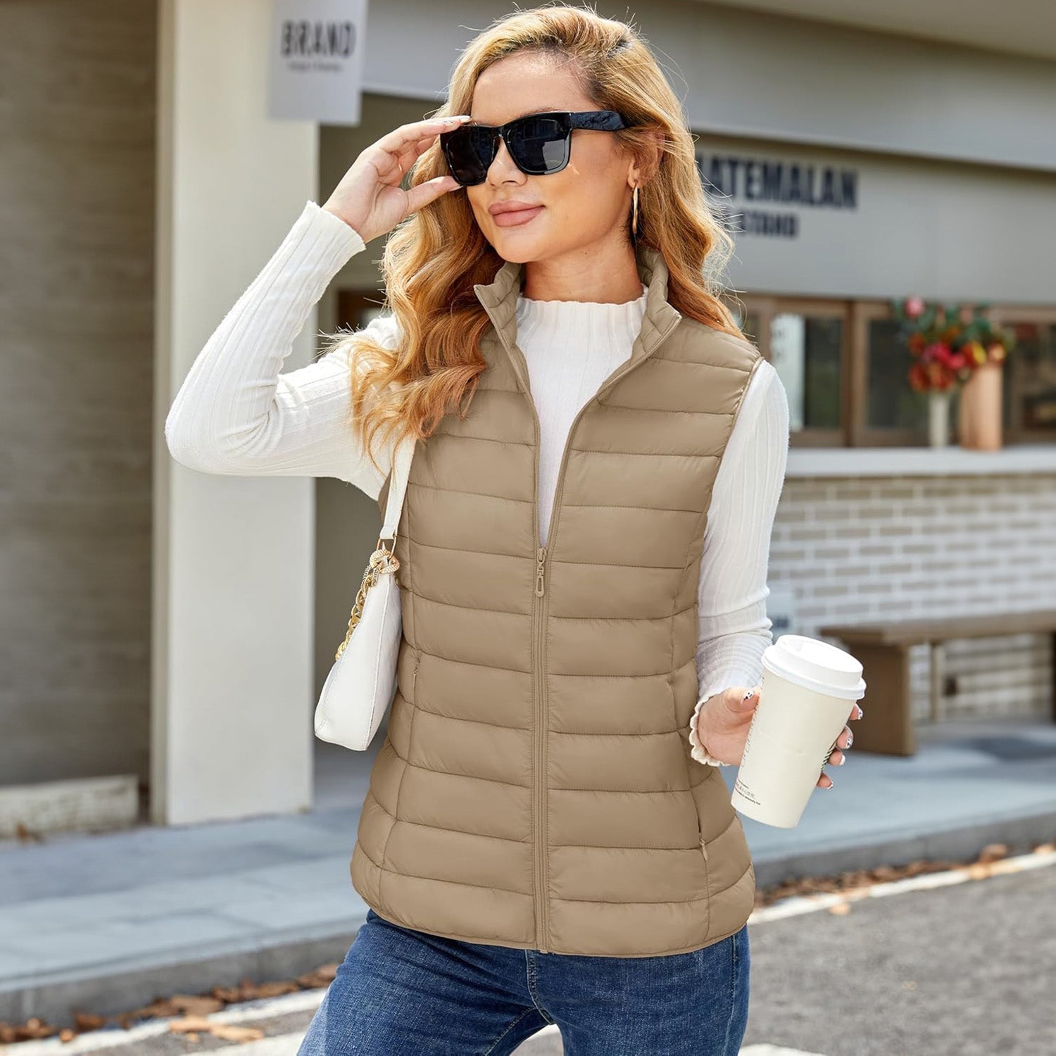 Women's Lightweight Puffer Vest with 4 Pockets & Stand Collar