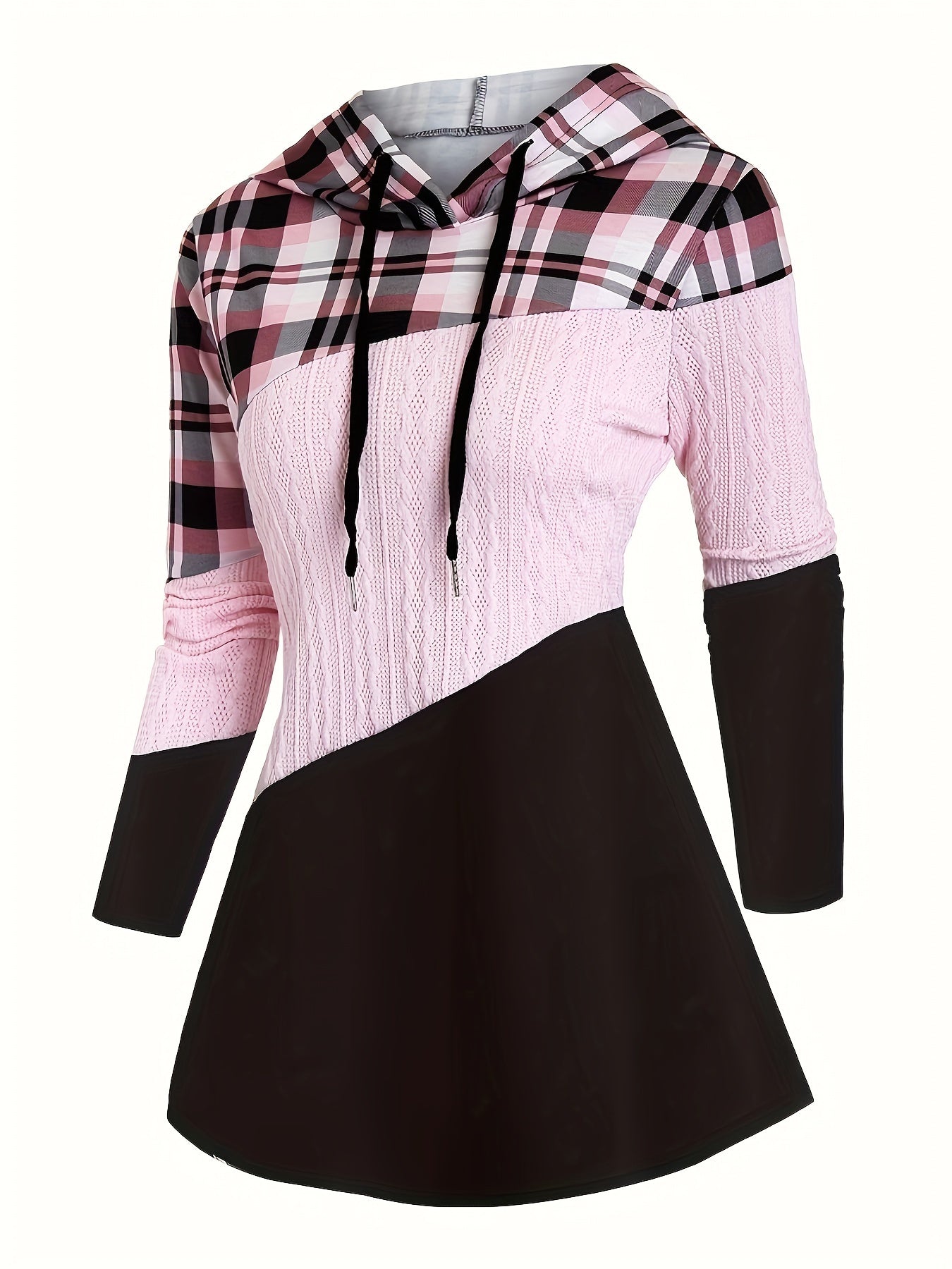 Women's Plaid Patchwork Hooded Long Sleeve Drawstring Pullover Casual Fashion Hoodie - veyora