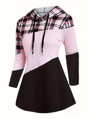 Women's Plaid Patchwork Hooded Long Sleeve Drawstring Pullover Casual Fashion Hoodie - veyora