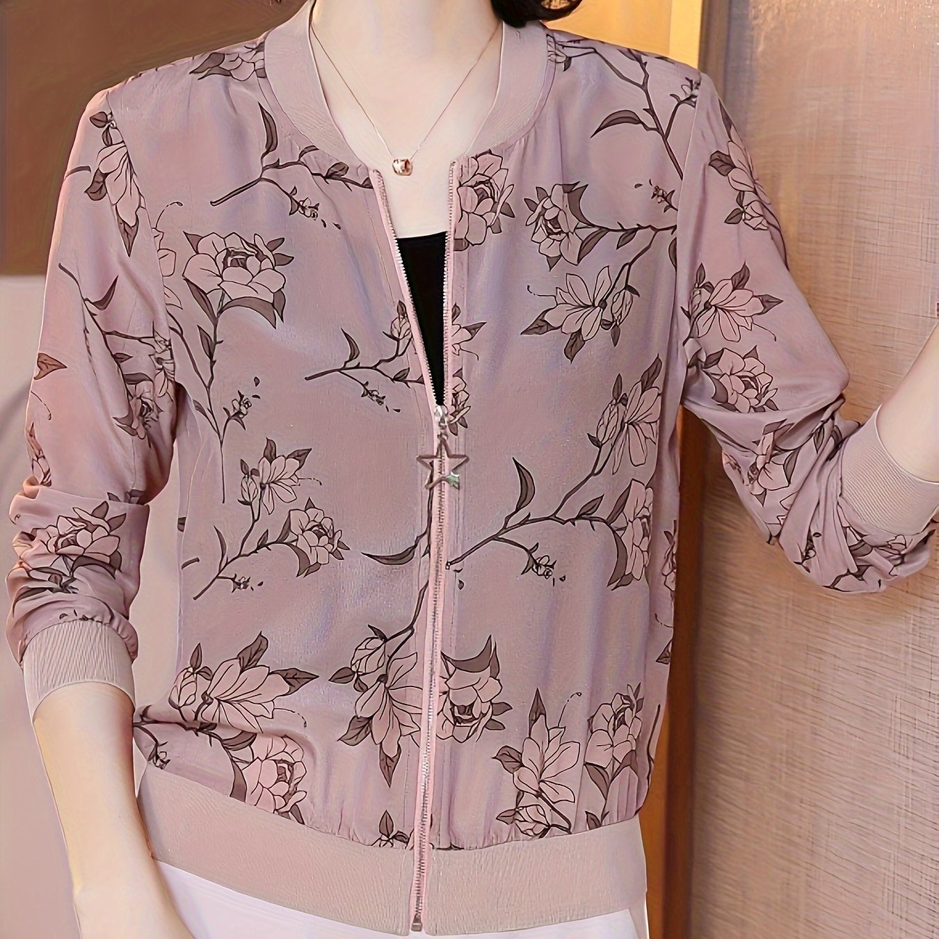 Women's lightweight sunscreen jacket - translucent long - sleeved baseball jacket with front zipper design, loose H - shaped cut suitable for beach, office, and daily wear, floral geometric pattern, breathable fabric, summer fashion item - veyora