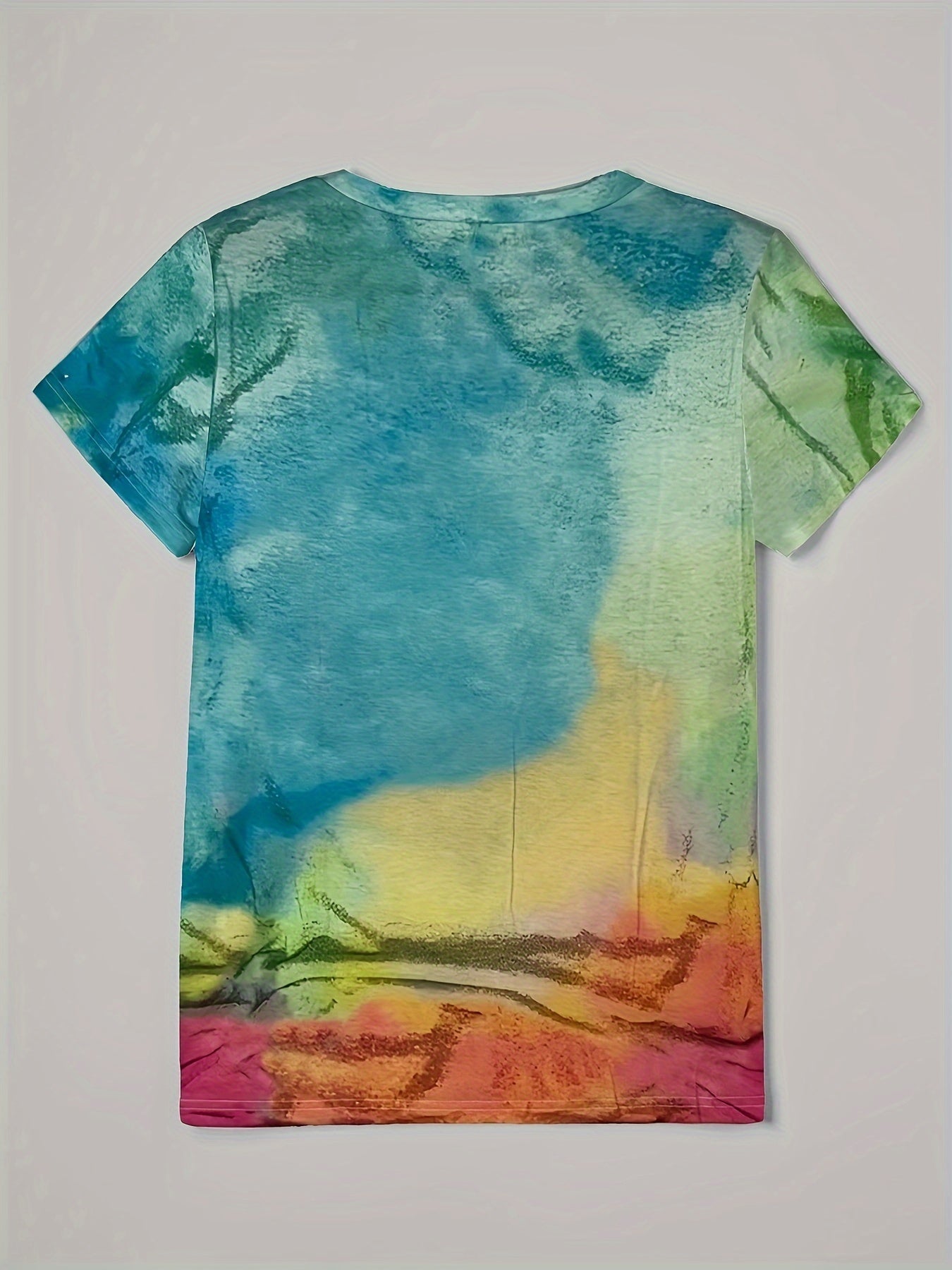 Women's Casual Short Sleeve V - Neck T-Shirt - Vibrant Heart Print Summer Top, Breathable Machine - Washable Tee with Colorful Gradient Design for Casual Attire, Ladies T Shirts, Soft Fabric Shirt - veyora