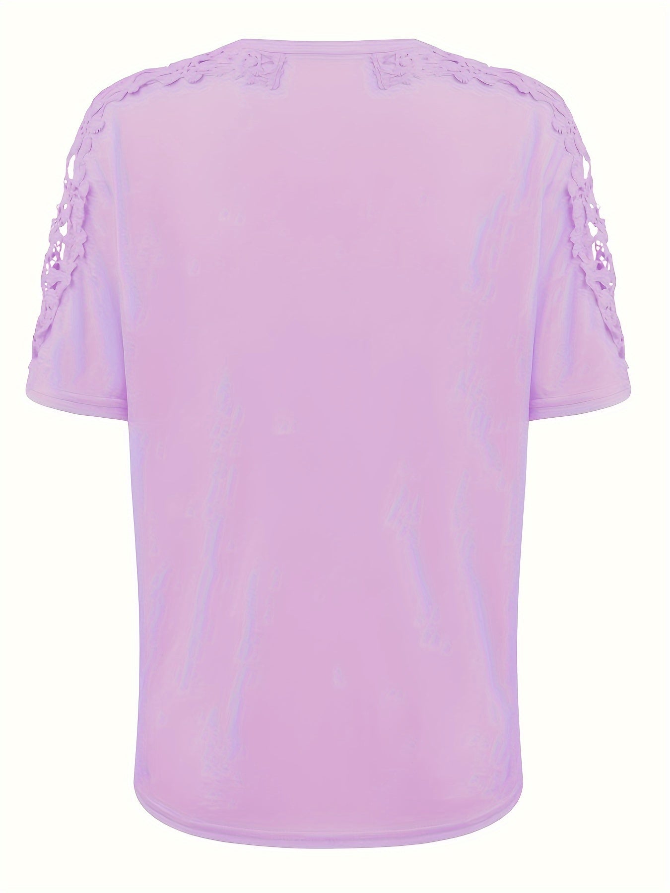 Solid Color Contrasting Lace T-Shirt, Casual Round Neck Short Sleeve Summer Top for Women - veyora