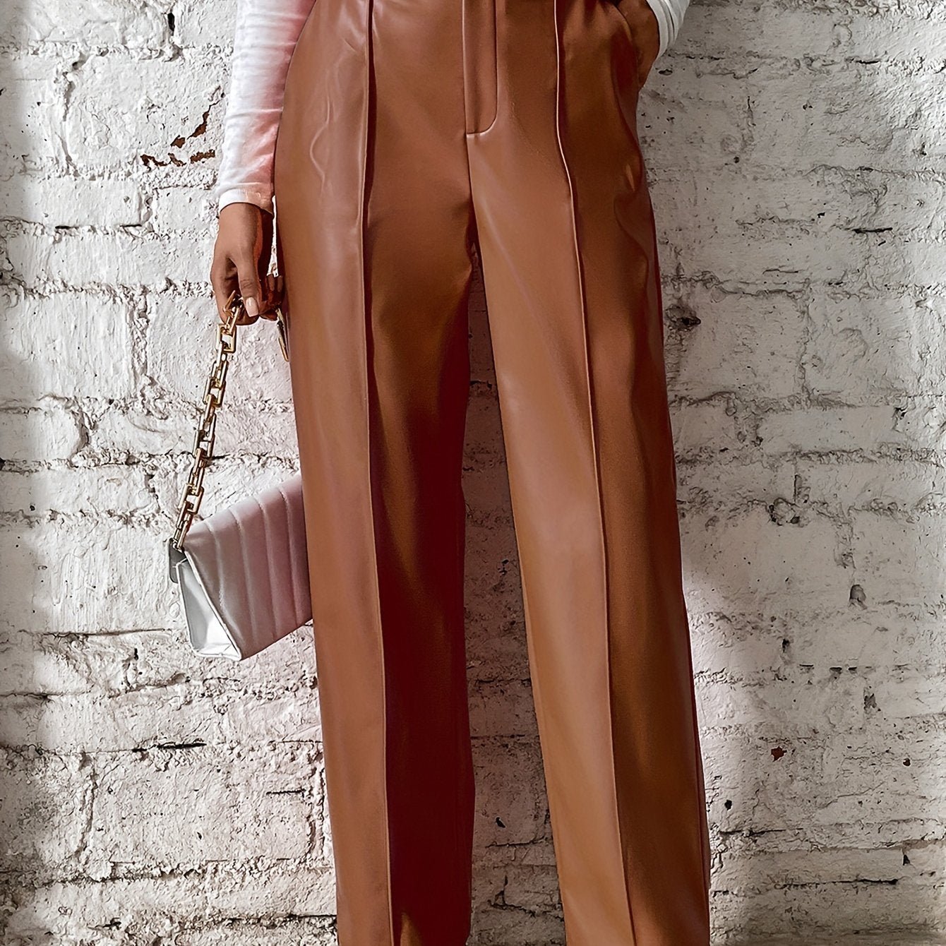 Women'S PU Faux Leather Straight - Leg Pants Featuring a Center Crease on The Front of The Legs, a Button Closure at The Waist, And a Zipper Fly, Combining Casual And Sexy Styles - veyora