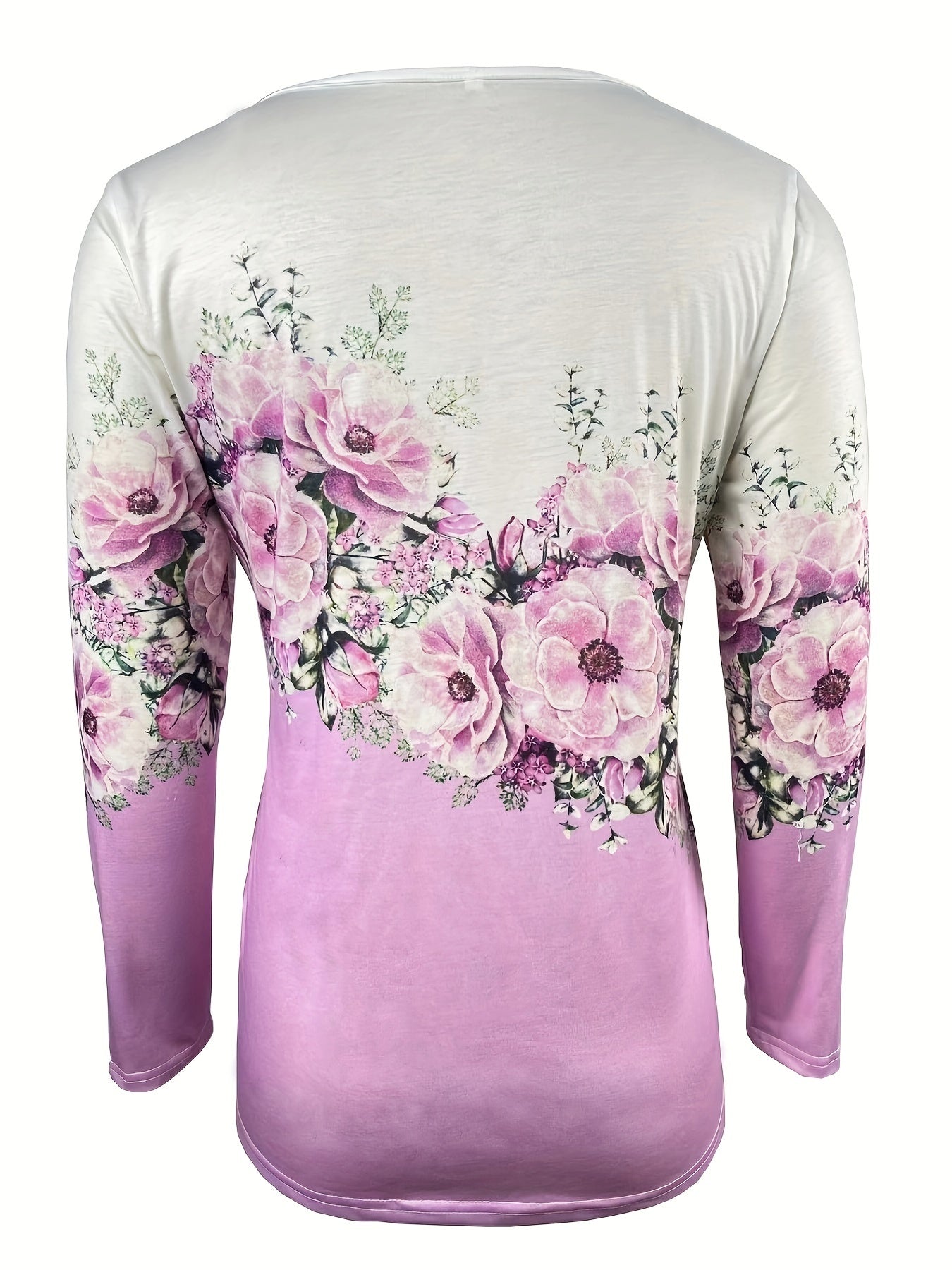 Floral Print V - neck T-Shirt, Casual Zipper Front Color Block Long Sleeve T-Shirt, Women's Clothing - veyora