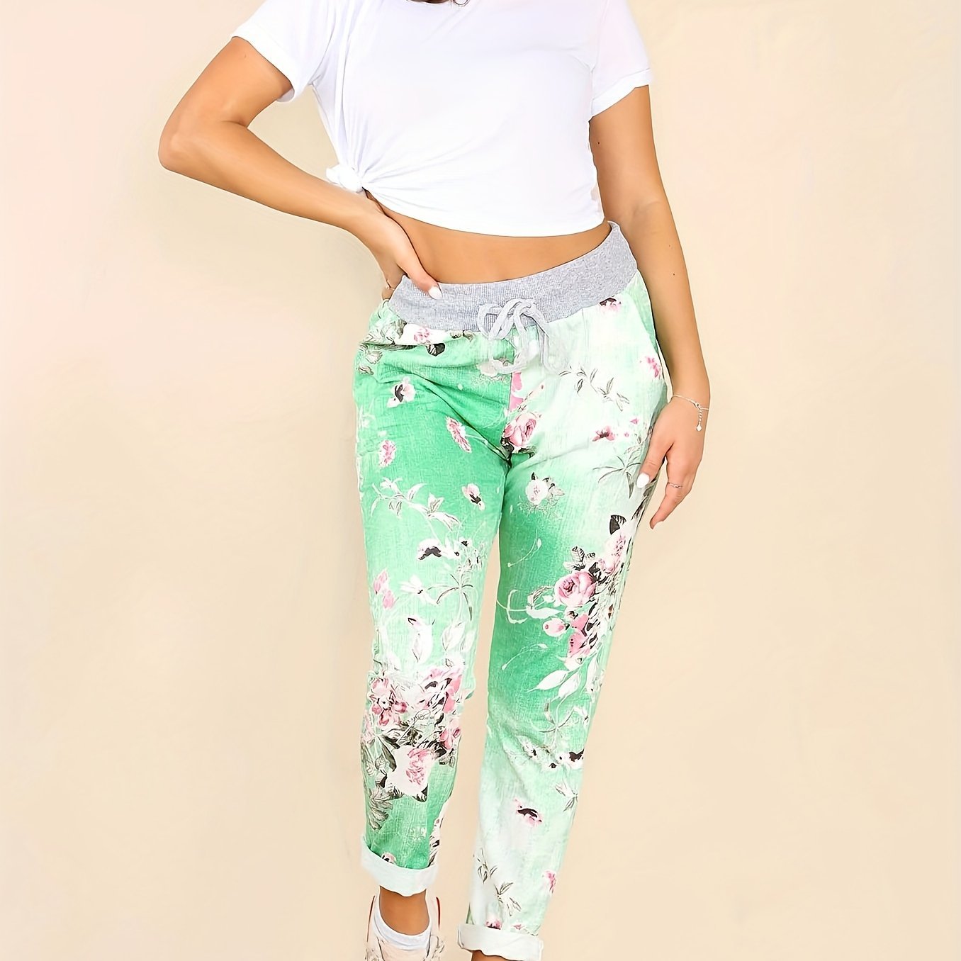 Floral Print Drawstring Capri Pants - veyora