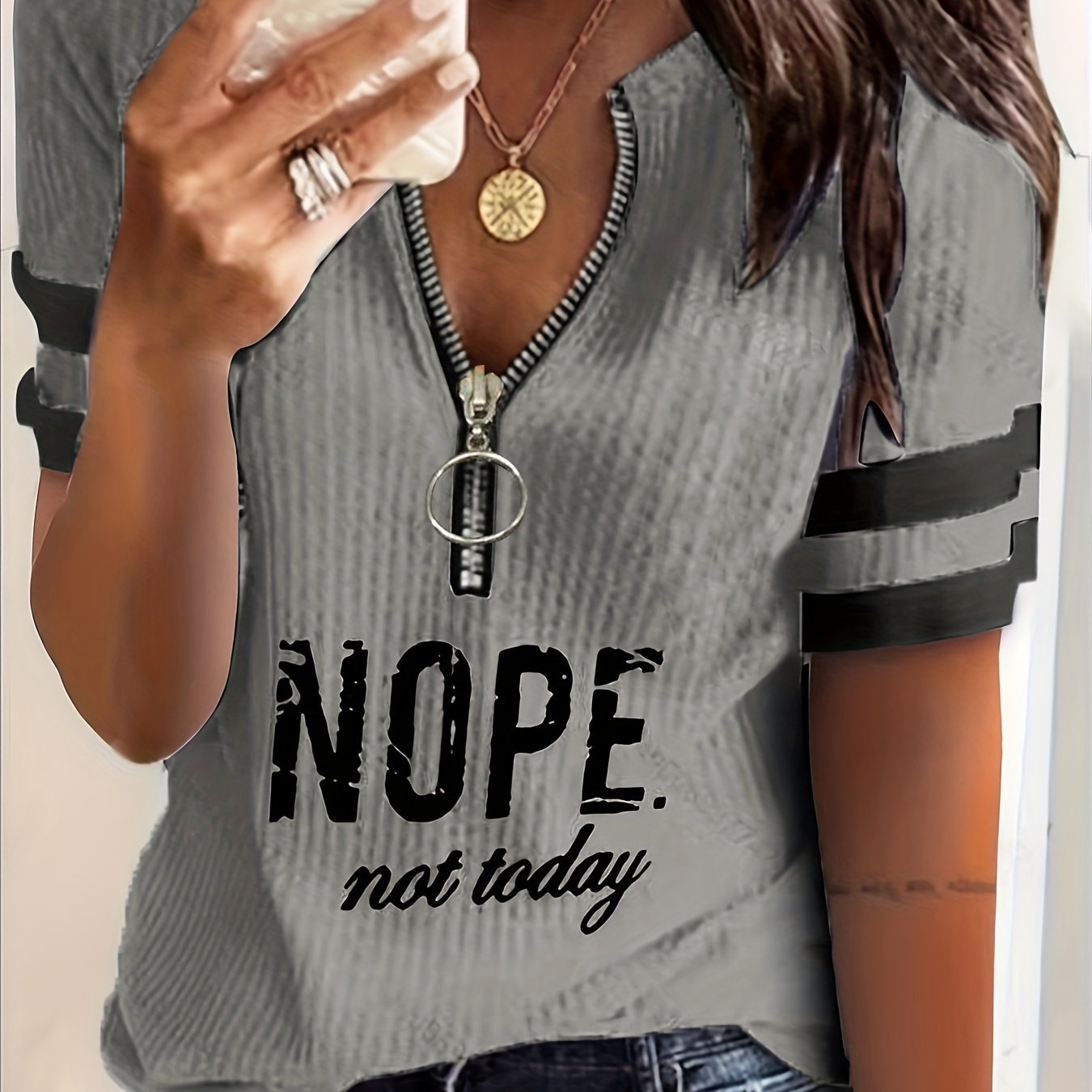 Stripe & Letter Print Zipper Front T-Shirt, Casual Short Sleeve T-Shirt For Spring & Summer, Women's Clothing - veyora