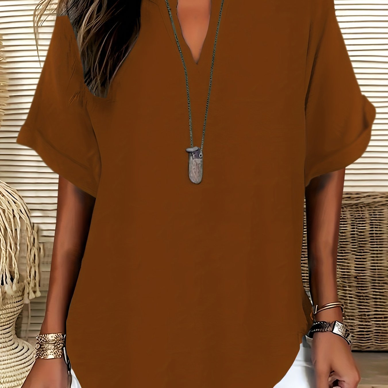 Women's V - neck Drop Shoulder Sleeves Solid Color Loose Short Sleeve Shirt Top - veyora