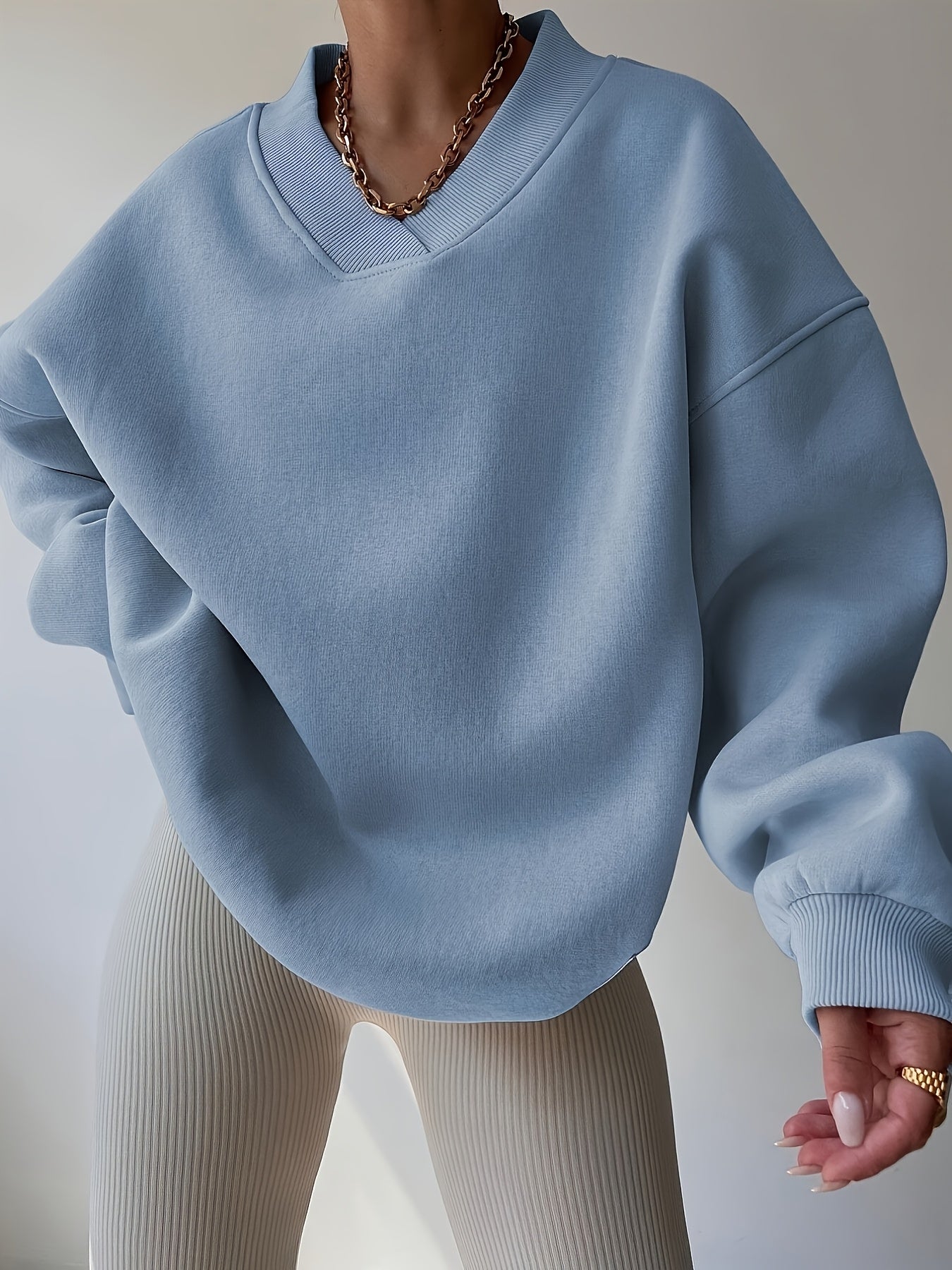 Women'S Fashion Large Cross - collar Loose Version Sweatshirt | Casual V - neck, Slight Stretch Fabric, Solid Color, Fall/Winter Season, Pullover Style, Brand: WCQ - veyora