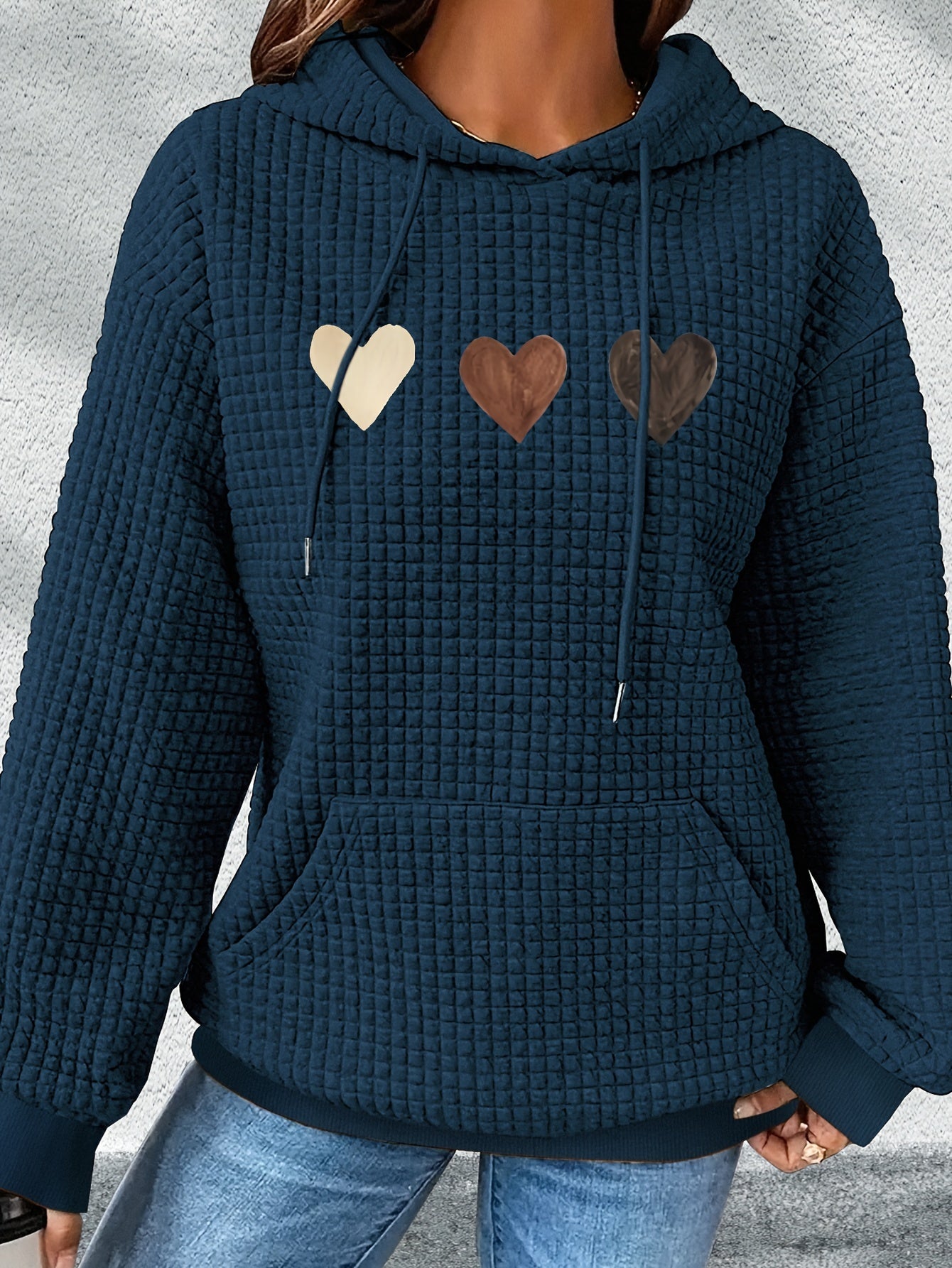 Women'S Long - Sleeve Hoodie with a Waffle Texture Featuring a Repeated Heart Pattern - veyora