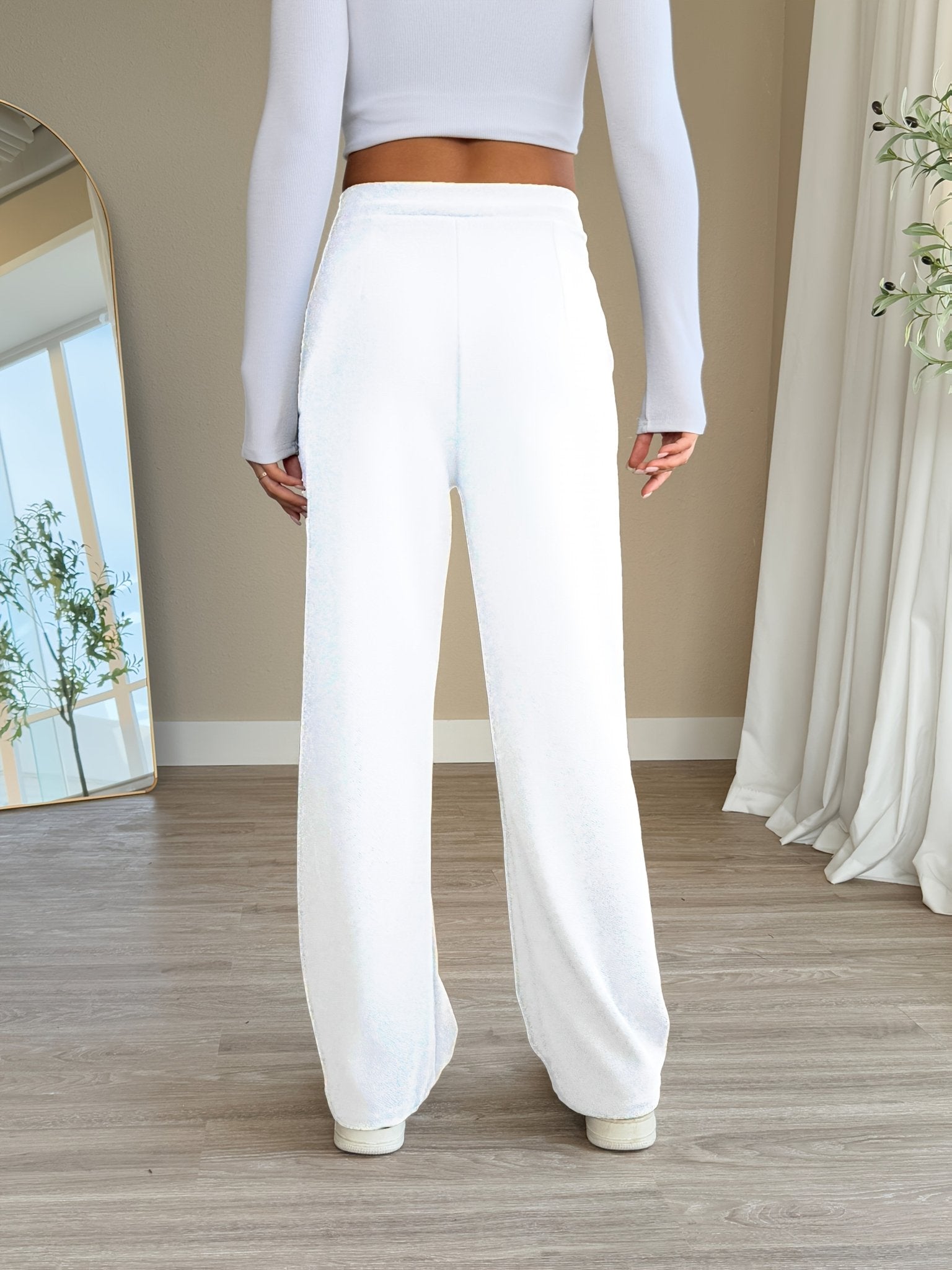 High - Waisted Casual Letter Patch Pocket Straight - Leg Pants - veyora