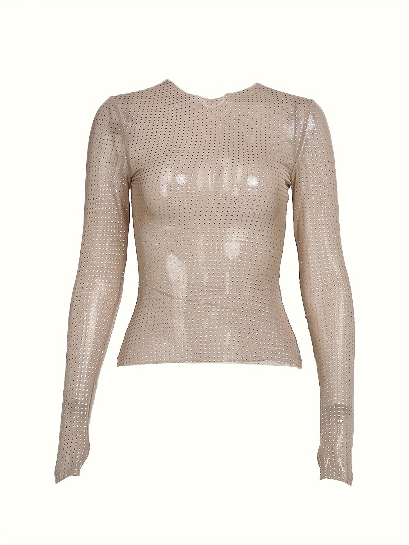 Women'S Sexy Semi - Sheer Mesh Long Sleeve T-Shirt - High Elasticity Slim Fit Round Neck Top, Breathable Stretchy Blouse For Spring Summer Fall, Machine Washable Versatile Casual & Dressy Outfits, Ladies T Shirts, Seasonal Fashion, Formfitting Style - veyora