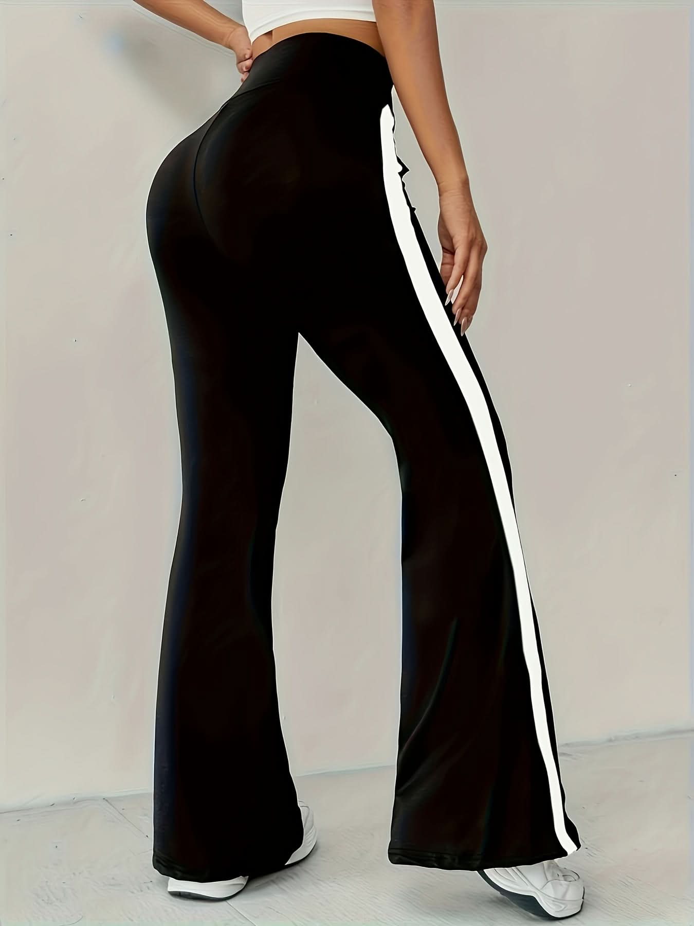 High - Waist Black Flare Pants with White Side Stripes | and Leg - Lengthening, Casual Style, Suitable for All Seasons - veyora