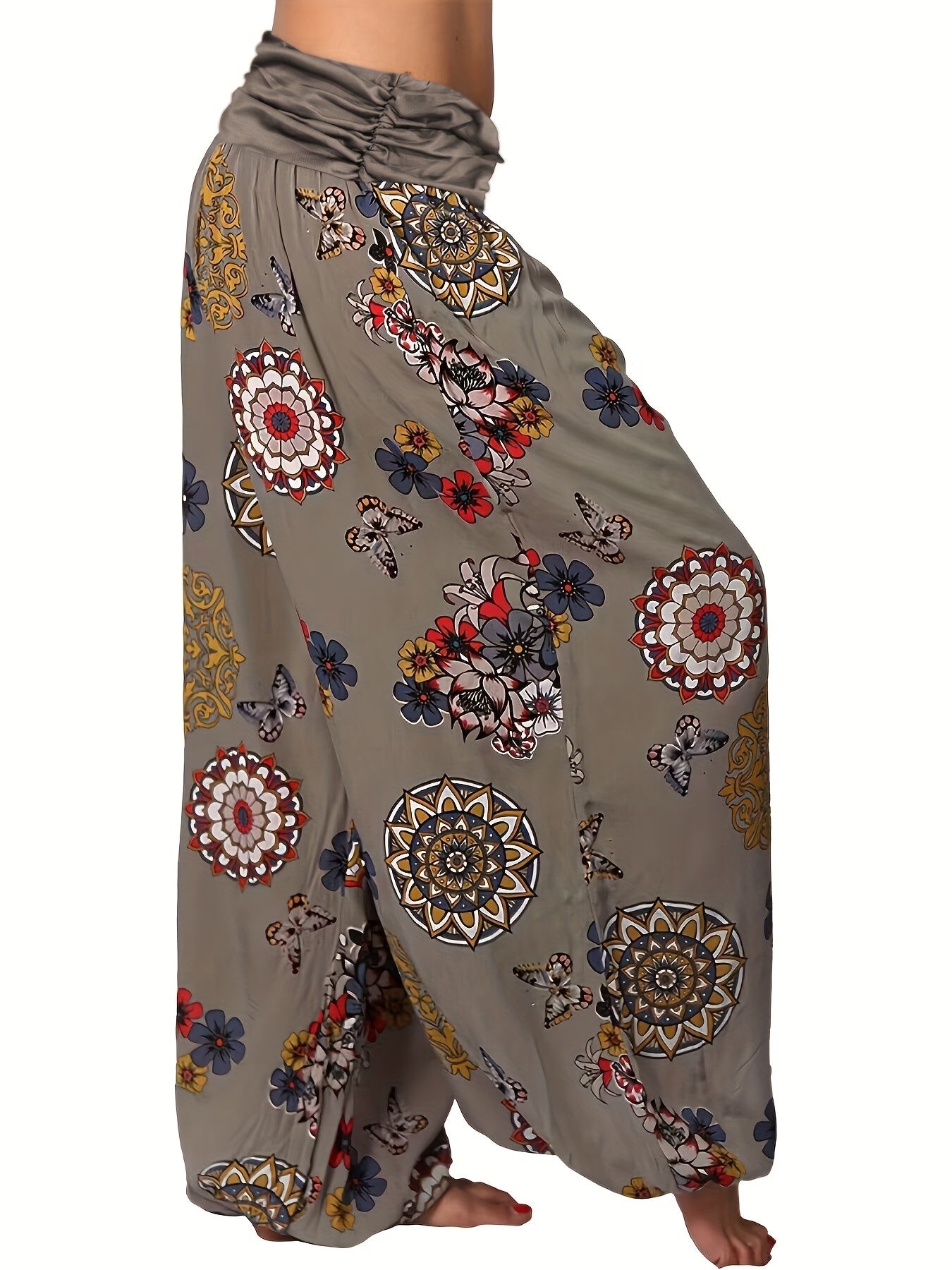Boho Floral Print Harem Pants, Bohemian Loose Elastic Waist Pants For Spring & Summer, Women's Clothing - veyora