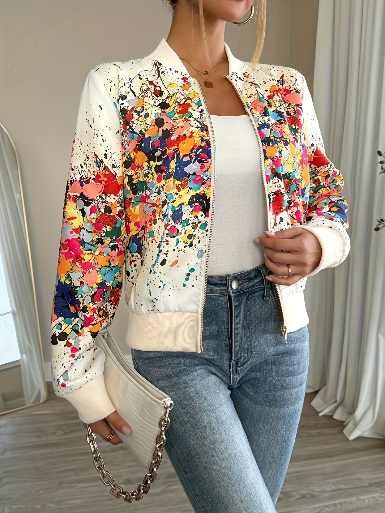 Women'S Lightweight Casual Jacket - Vibrant Tie - Dye Print, Stand Collar, Zip - Up, Long Sleeve, Perfect for Spring/Fall, Spring Jacket | Vibrant Print Jacket | Zippered Jacket - veyora