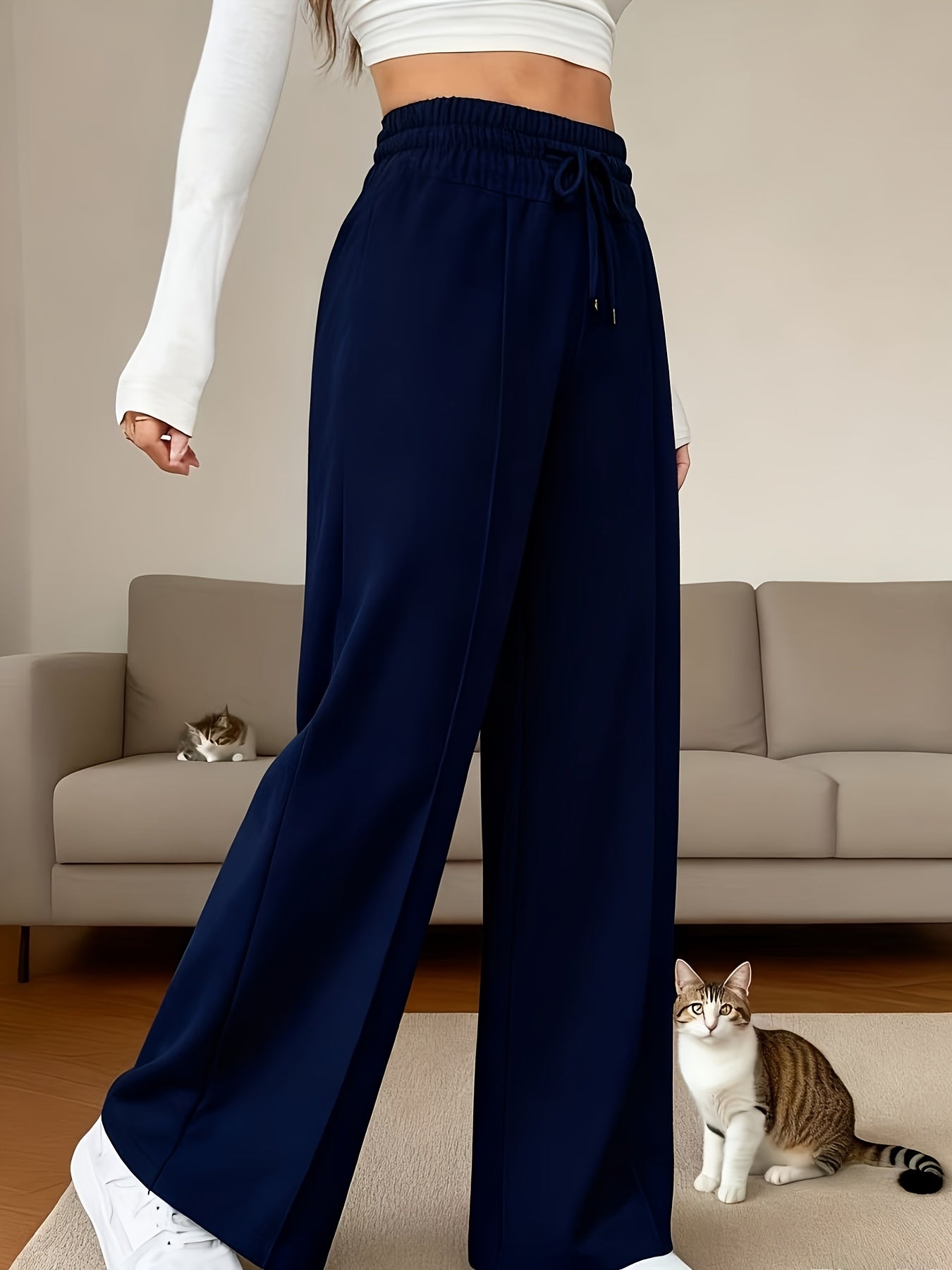 High - Waisted Wide - Leg Pants - Winter Trousers with Moderate Elasticity, Solid Color Casual & Dressy Outfits, Machine Washable Winter Pants for, Semi - Formal Events (No Bulk) - veyora
