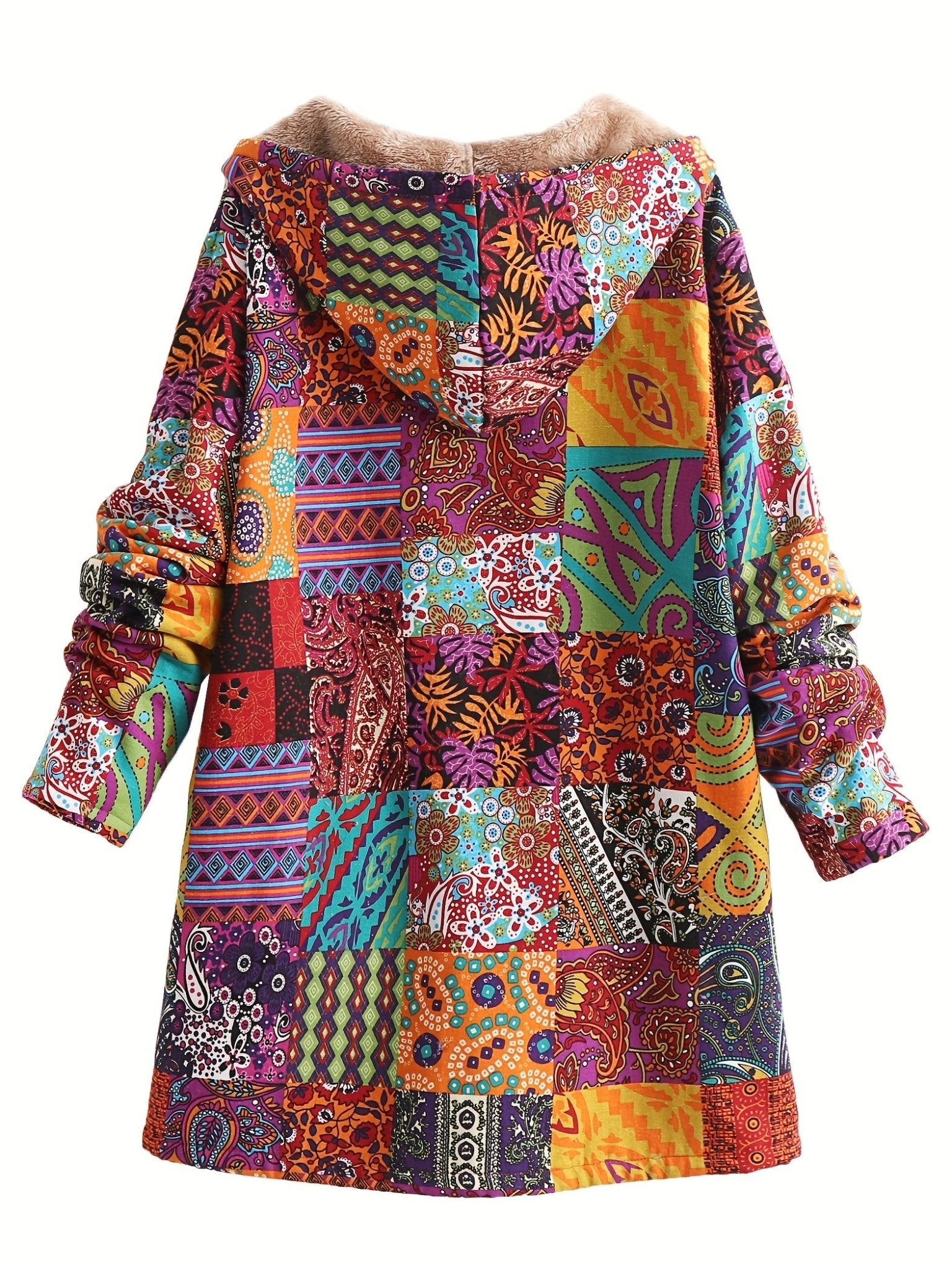 Warm Fleece - Lined Hooded Coat - Colorful Paisley & Floral Print Long Sleeve Outerwear for Women - Machine Washable, Button Front - veyora