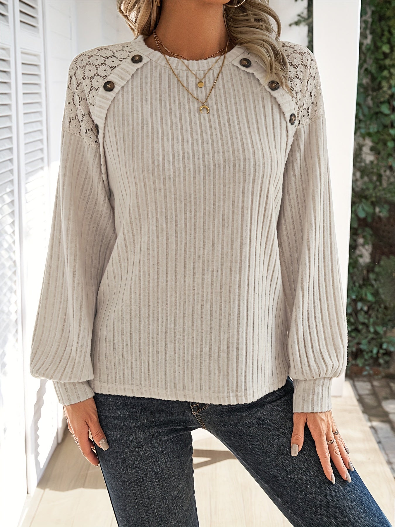Women'S Clothing Contrast Lace Raglan Sleeve Button Detail Top - veyora