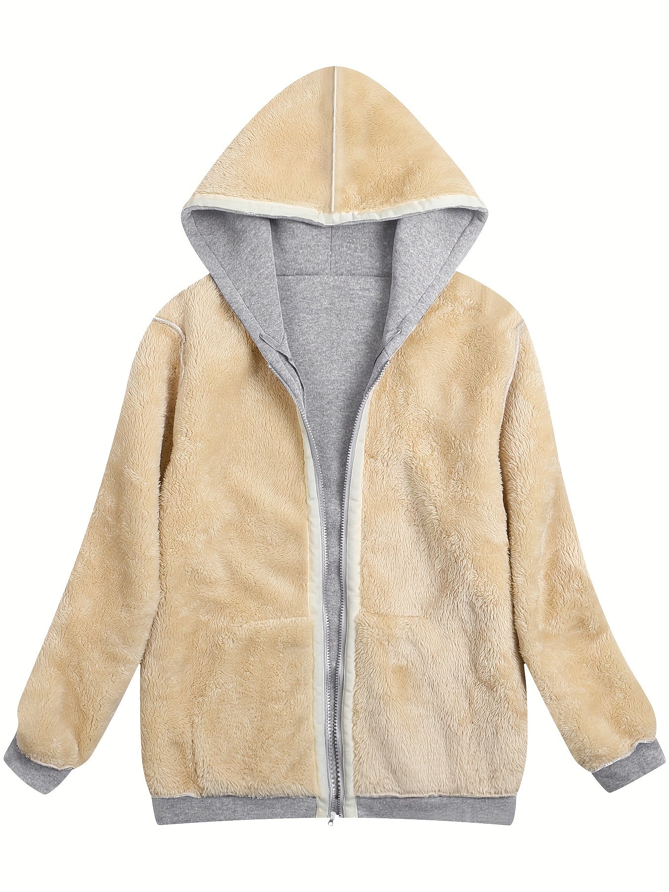 Women's Plush Fleece-Lined Hooded Zip-Up Jacket - Oversized Winter Coat with H-Silhouette, Vibrant Yellow & White Lining, Machine Washable Casual Outerwear for Fall/Winter, Winter Jacket