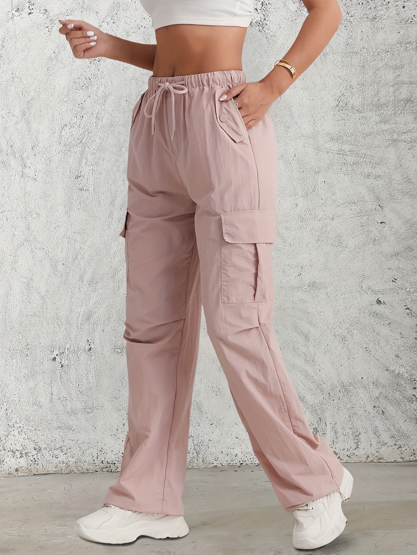 American - style Quick - Dry Drawstring Cargo Pants for Women, Wide - Leg Casual Pants, Breathable Lightweight Fabric Straight - Leg Trousers - veyora