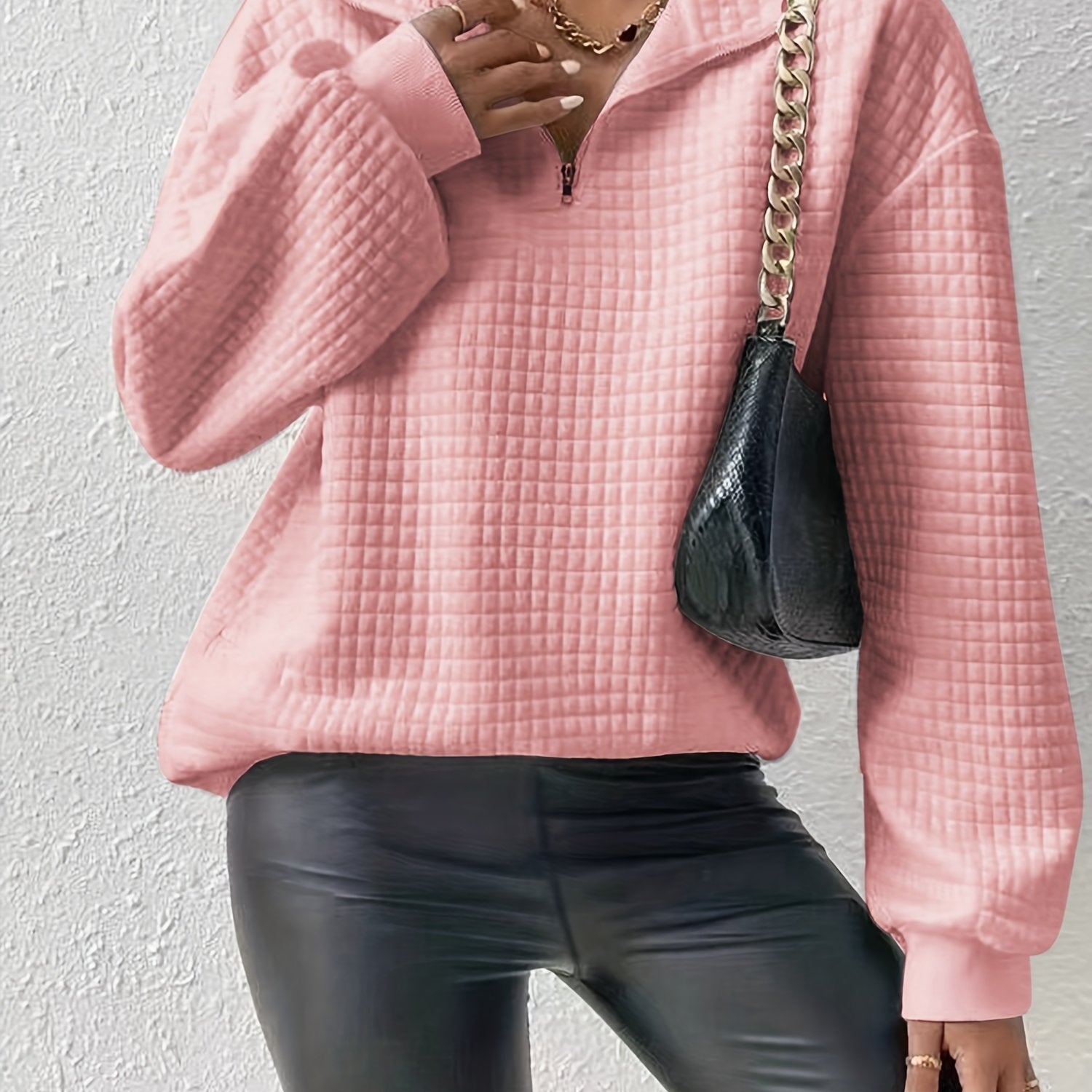 Waffle Grid Quarter Zip Pullover Sweatshirt, Casual Long Sleeve Lapel Sweatshirt For Fall & Winter, Women's Clothing - veyora