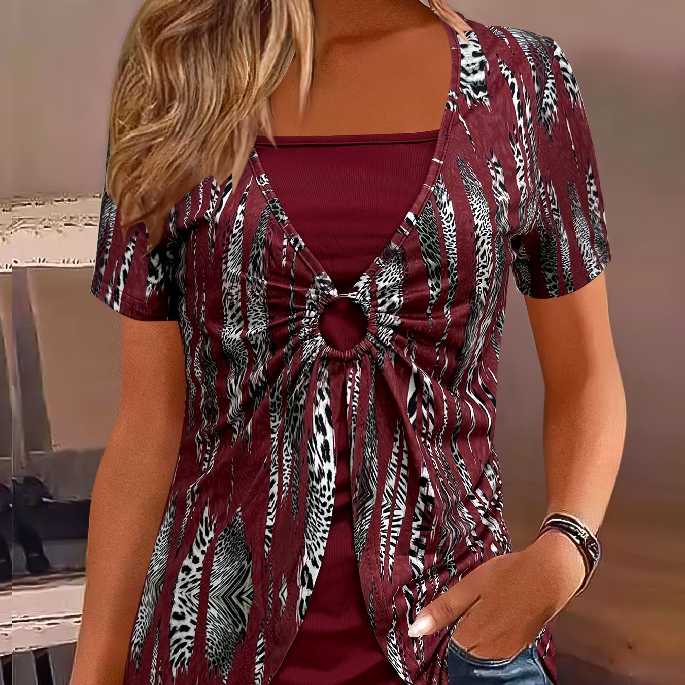 Women's Casual Daily Outing Square Neck 2 - in - 1 Look Hoop Paisley Print Top T-shirt - veyora