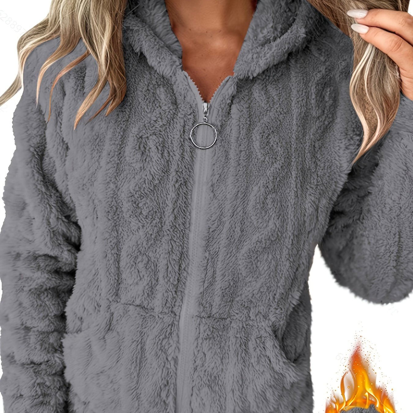 2025 Autumn/Winter Women's Casual Solid Color Warm Hooded Zipper Jacquard - Lined Long Sleeve Pocket Sweatshirt Niannian - veyora