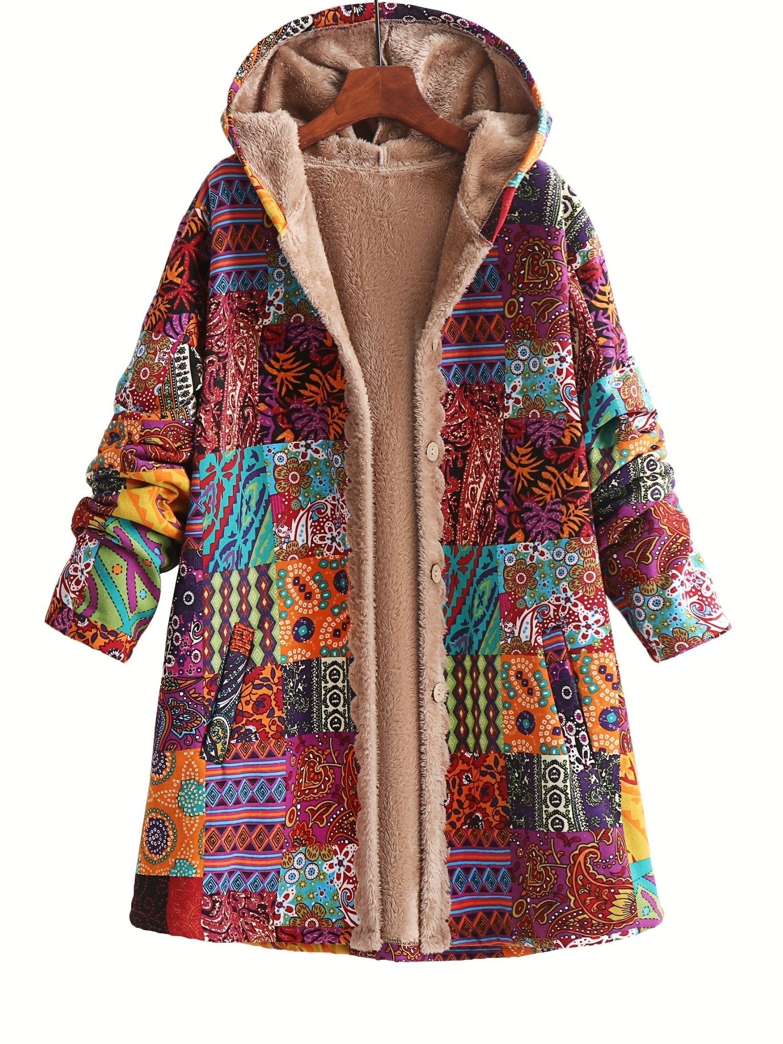Warm Fleece - Lined Hooded Coat - Colorful Paisley & Floral Print Long Sleeve Outerwear for Women - Machine Washable, Button Front - veyora