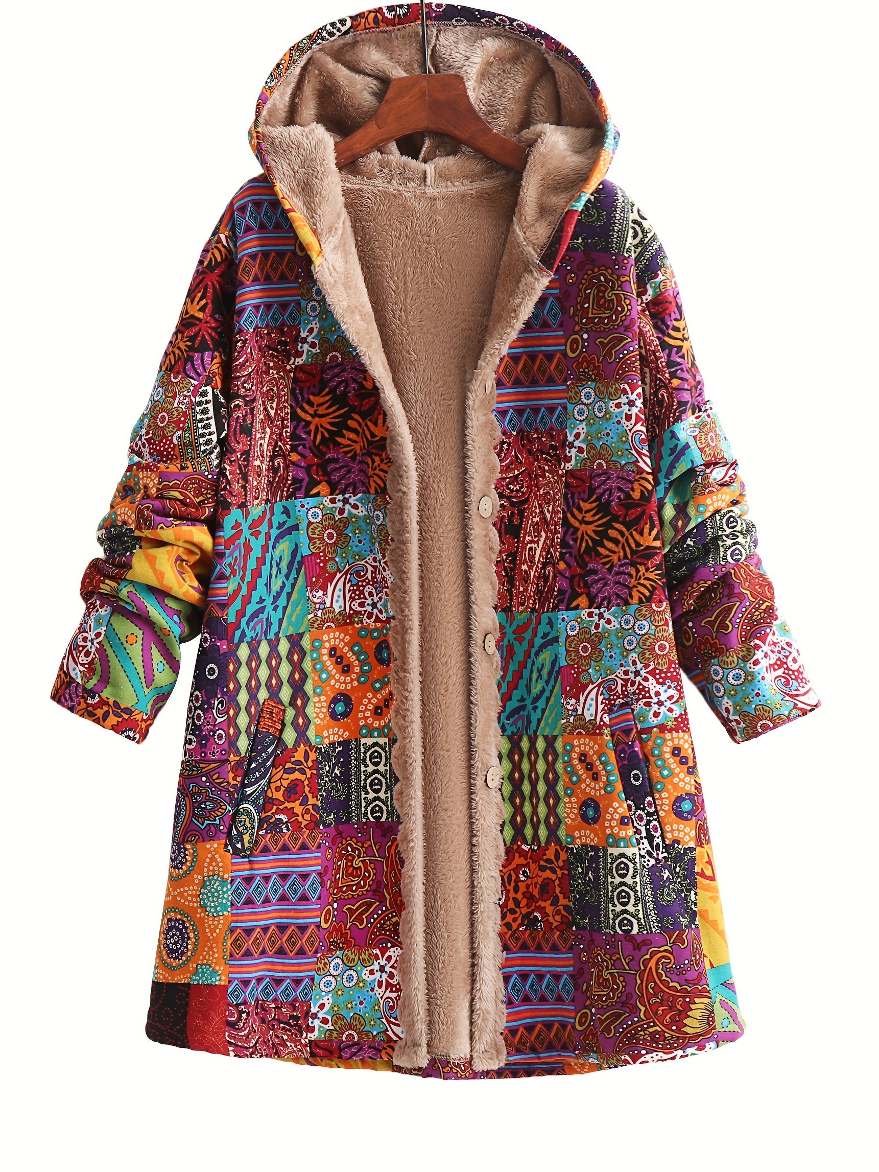 Warm Fleece-Lined Hooded Coat - Colorful Paisley & Floral Print Long Sleeve Outerwear for Women - Machine Washable, Button Front