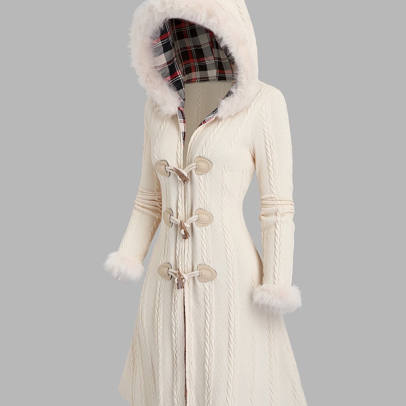 Y2K Plaid Patchwork Hooded Coat with Button Closure and Long Sleeves - veyora