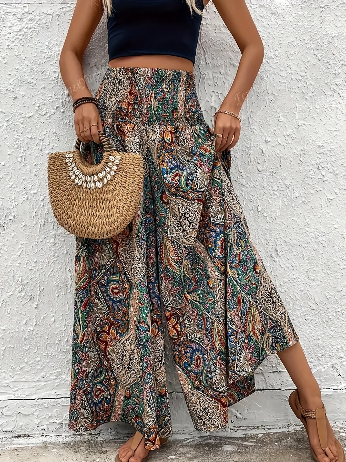 Spring - Summer Autumn Women's Fashion Casual Pants, Elegant Bohemian Style Elastic Waist High - Rise Wide Leg Trousers - veyora