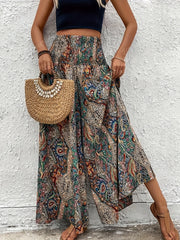 Spring - Summer Autumn Women's Fashion Casual Pants, Elegant Bohemian Style Elastic Waist High - Rise Wide Leg Trousers - veyora