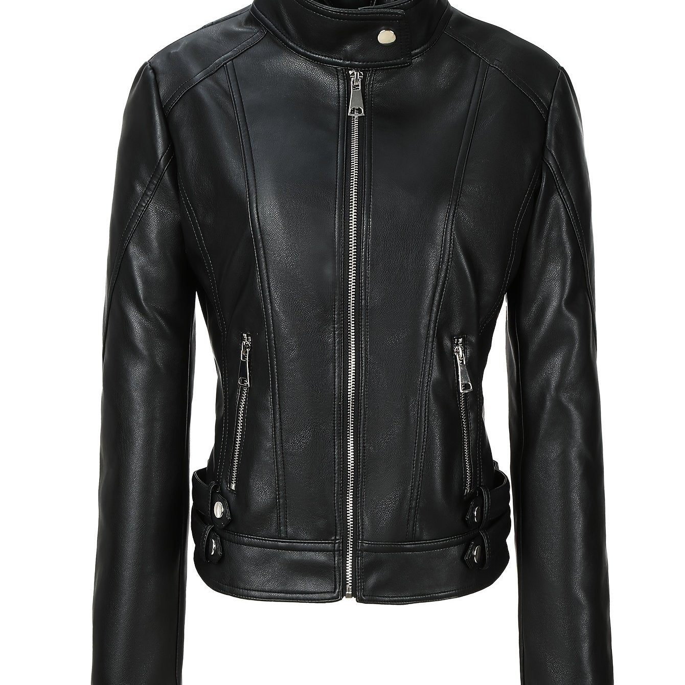 Women'S Zip - Up Faux Leather Motorcycle Jacket, Faux Leather Stand Collar Top, Stylish Fitted Coat, New Women'S Fashion - veyora