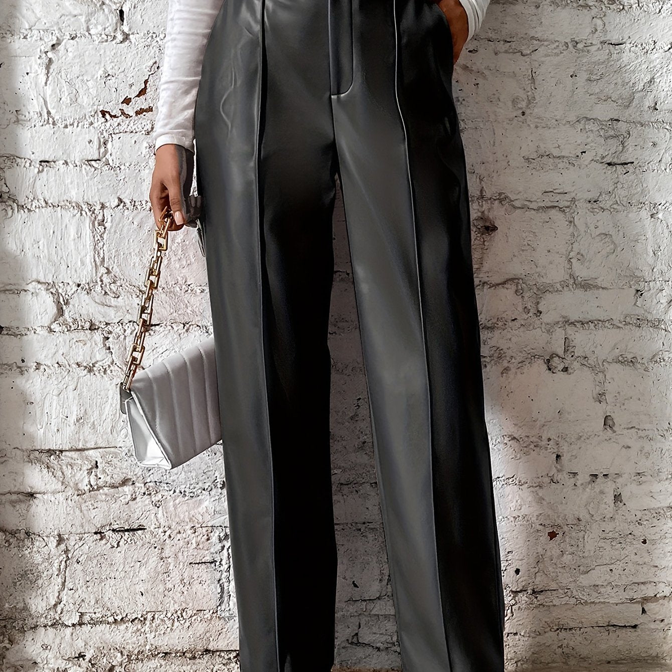 Women'S PU Faux Leather Straight - Leg Pants Featuring a Center Crease on The Front of The Legs, a Button Closure at The Waist, And a Zipper Fly, Combining Casual And Sexy Styles - veyora