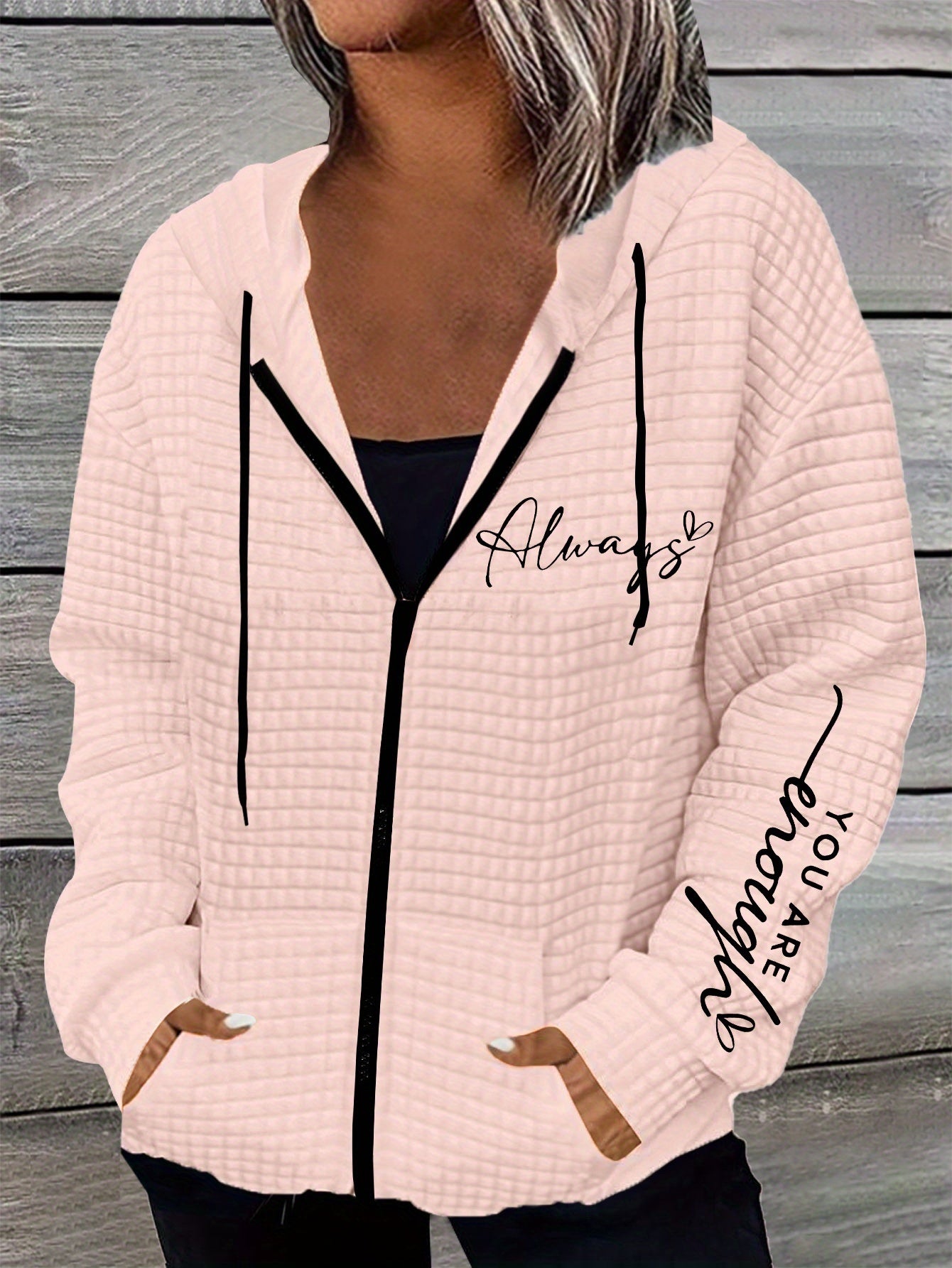 Letter Print Zipper Dual Pockets Hoodie, Casual Long Sleeve Drawstring Hoodies Sweatshirt, Women's Clothing - veyora
