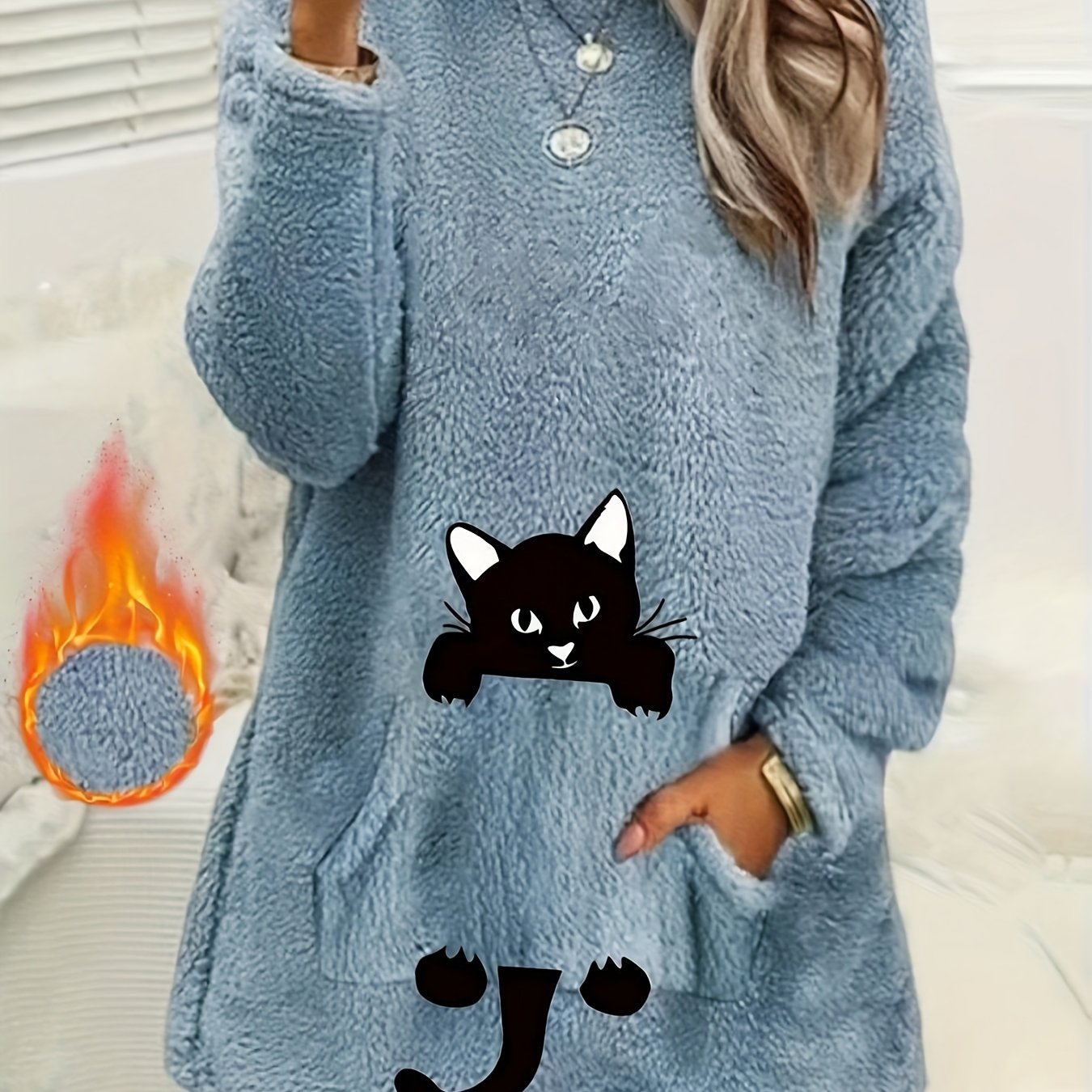 Women's Geometric Print Fleece Pullover Sweatshirt - Soft Long Sleeve Round Neck with Pockets, Machine Washable Casual Winter Wear, Elegant Regular Fit for All Seasons, Cute Sweatshirts, Allseason Apparel, Comfortable Pockets - veyora