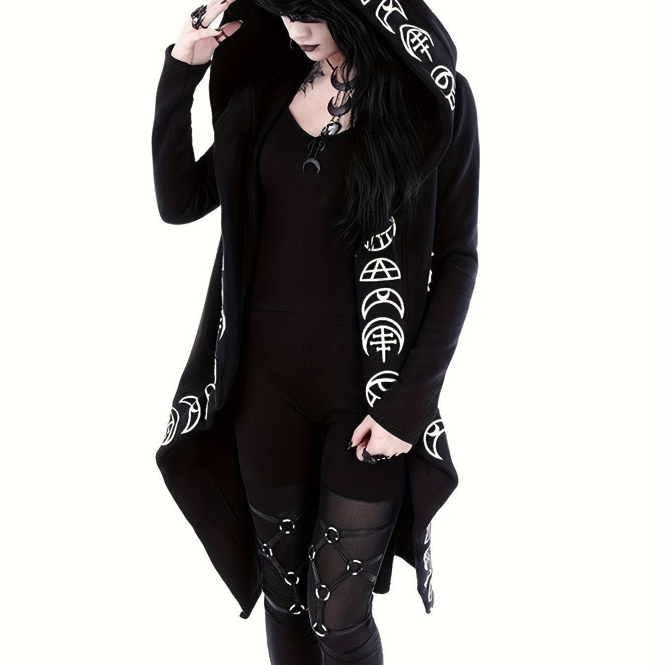 Women'S Hooded Cardigan with Witchcraft Pattern, Gothic Style, Long Sleeves with Hood - veyora