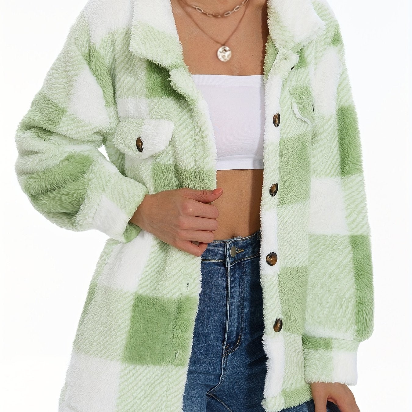 Button - Up Teddy Coat with a Plaid Design, Adaptable Long - Sleeve Winter Thermal Outerwear, Women'S Apparel - veyora