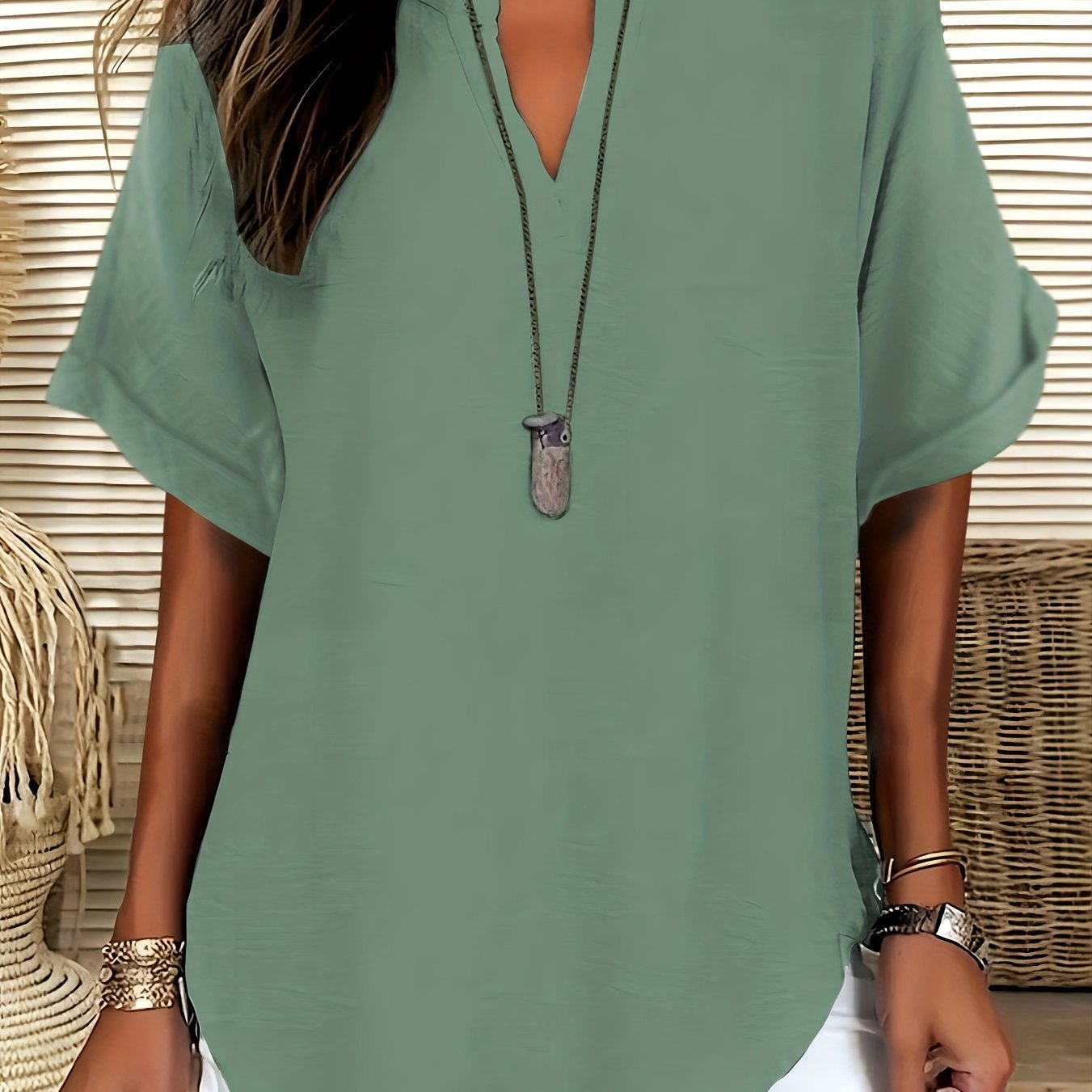 Women's V - neck Drop Shoulder Sleeves Solid Color Loose Short Sleeve Shirt Top - veyora