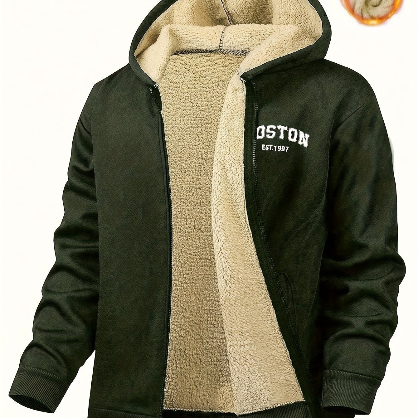 Men's Casual Zip - Up Hooded Jacket with Letter Print, Black & Beige Contrast, Regular Fit, Machine Washable, Front Pockets for Outdoor & Casual Attire - veyora